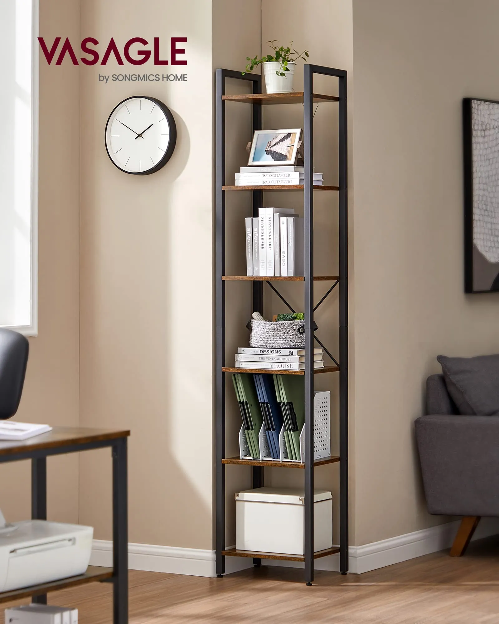 VASAGLE Scaffale a 6 Ripiani, 30 x 40 x 186 cm, Marrone Vintage e Nero Inchiostro, LLS101B01 - immagine 2