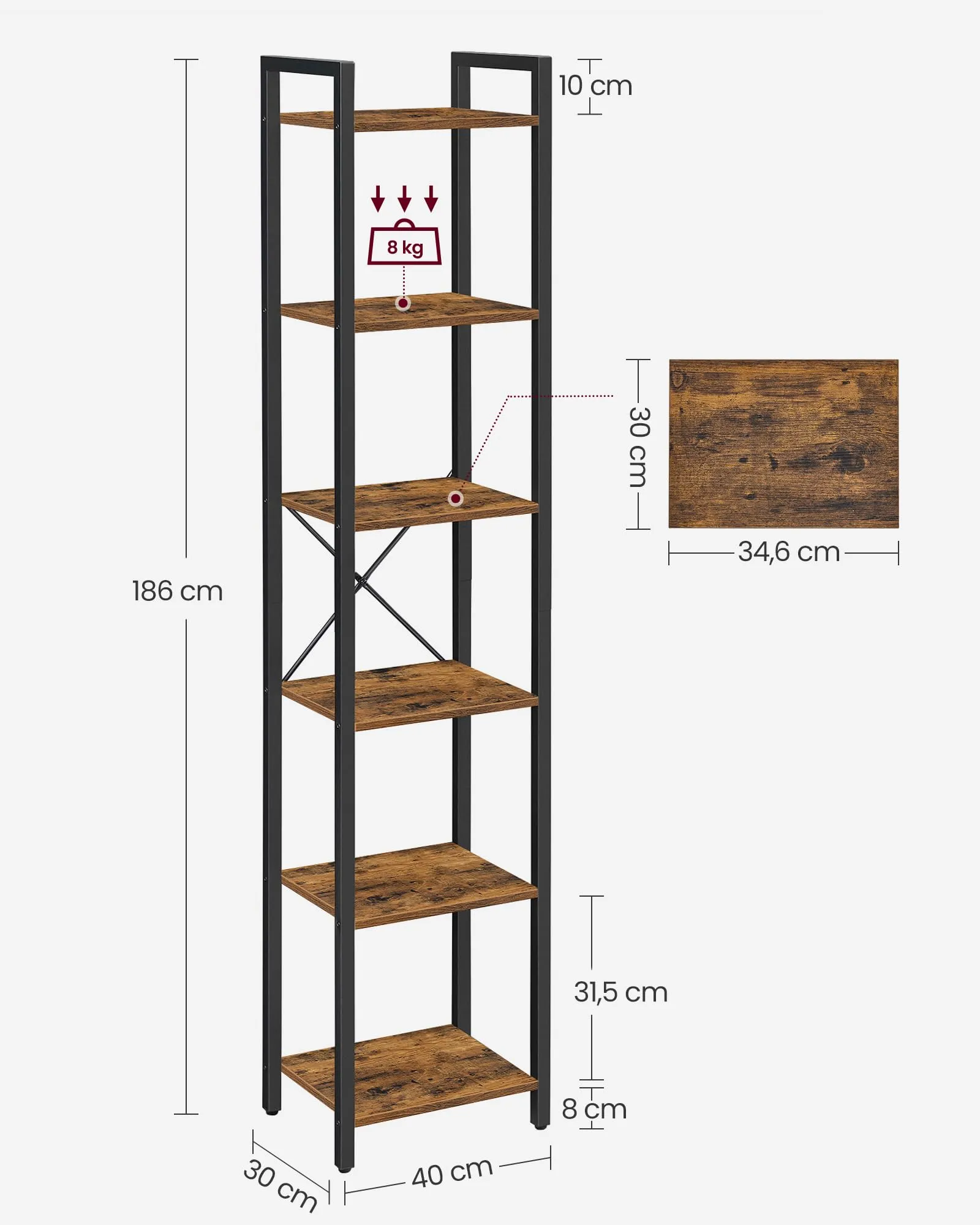 VASAGLE Scaffale a 6 Ripiani, 30 x 40 x 186 cm, Marrone Vintage e Nero Inchiostro, LLS101B01 - immagine 7
