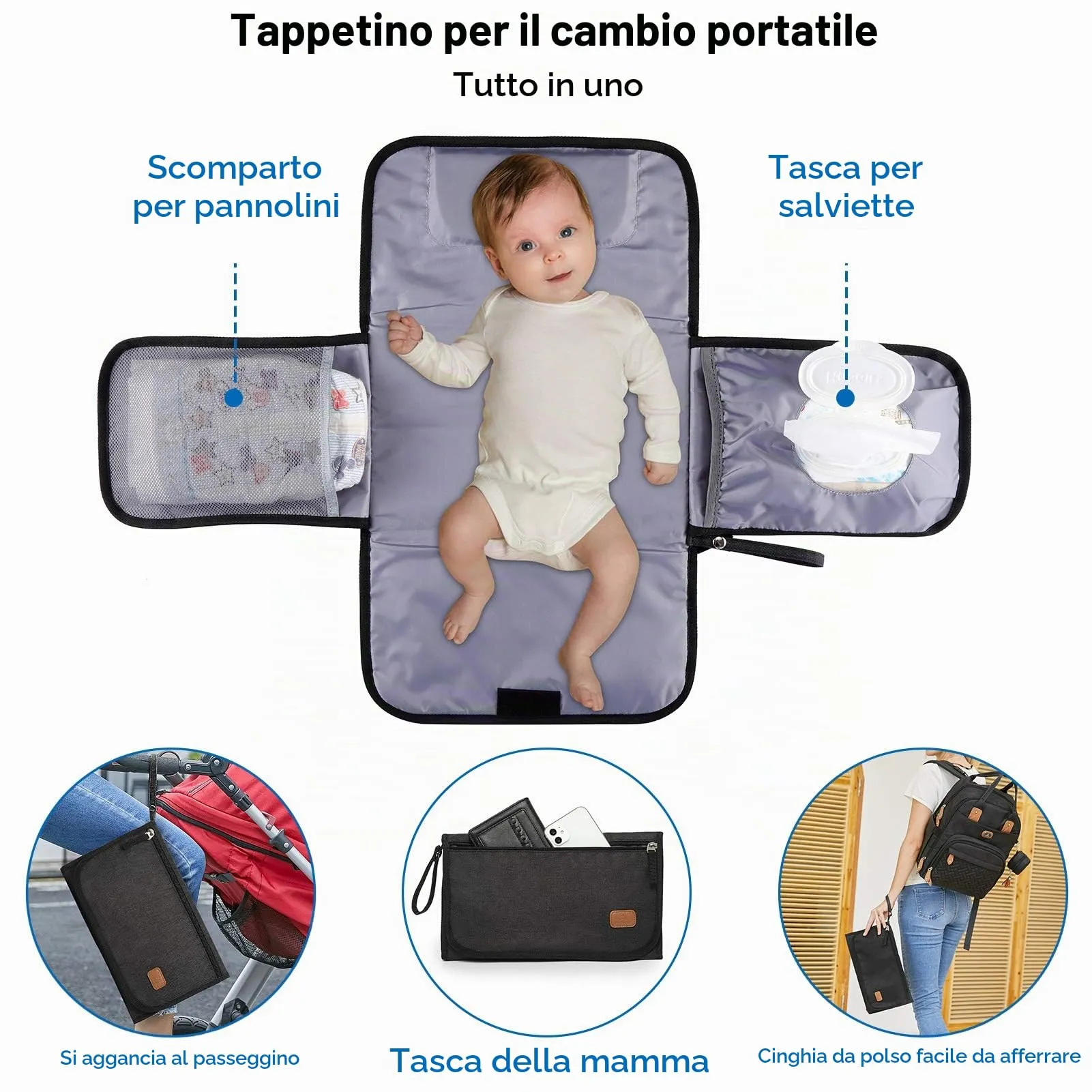 Dikaslon Zainetto Fasciatoio Multifunzione con Fasciatoio Portatile e Cinturini per Passeggino, Nero - immagine 5