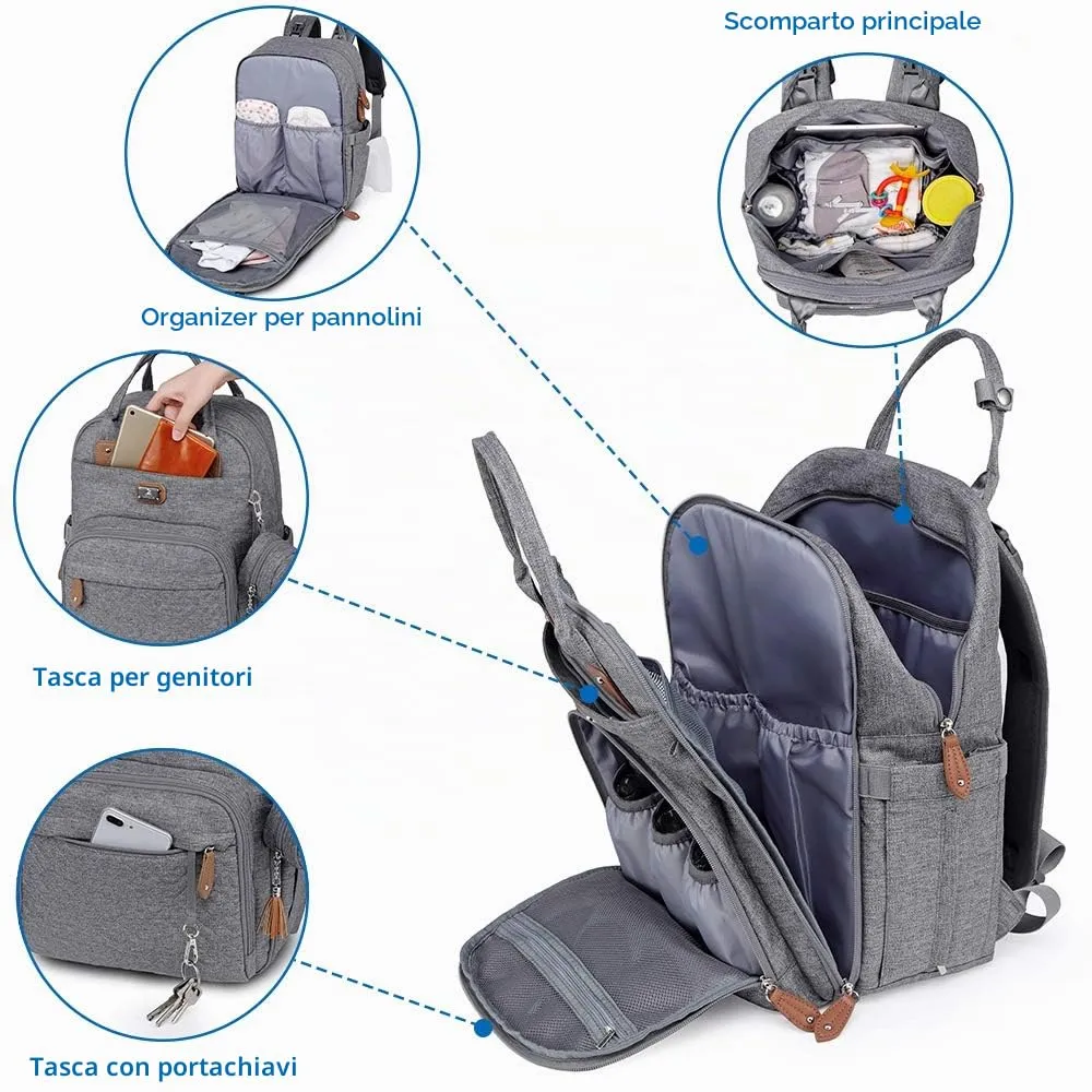 Dikaslon Zainetto Fasciatoio Multifunzione con Fasciatoio Portatile e Porta Ciuccio, Grigio - immagine 3