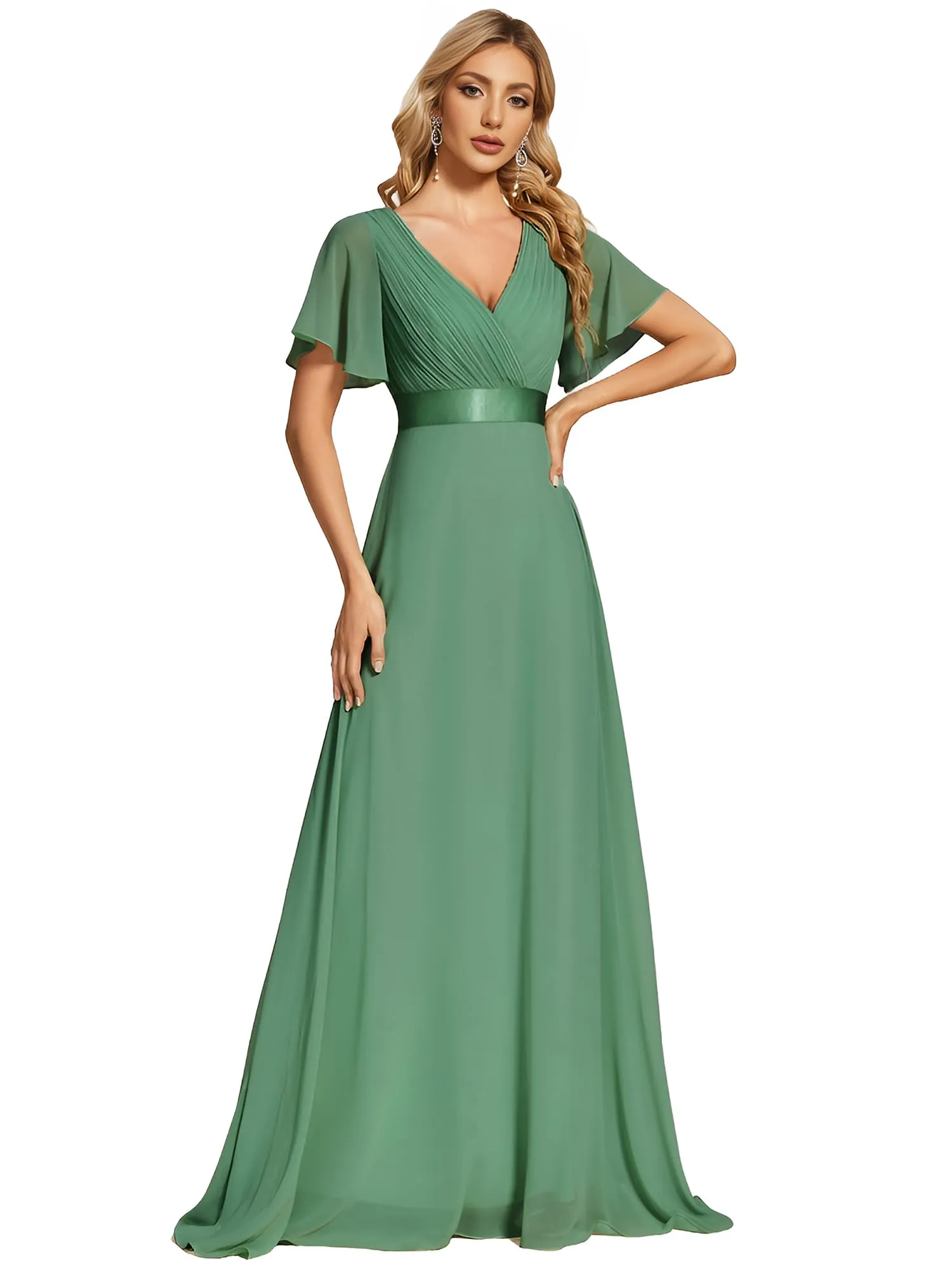 Ever-Pretty Vestito da Cerimonia Donna Stile Impero Linea ad A Scollo a V Maniche Corte Verde Fagiolo 42EU - immagine 1
