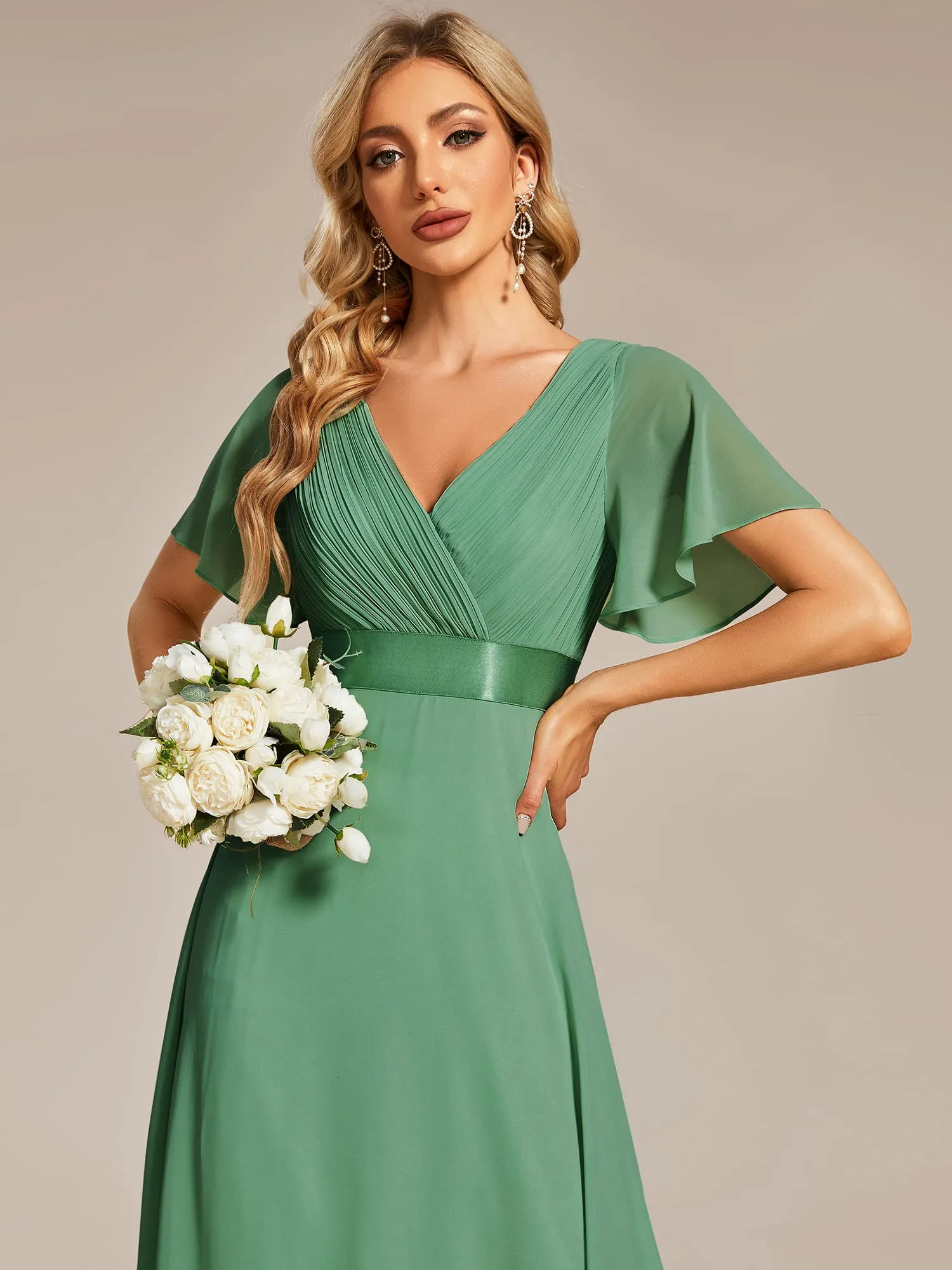 Ever-Pretty Vestito da Cerimonia Donna Stile Impero Linea ad A Scollo a V Maniche Corte Verde Fagiolo 42EU - immagine 3