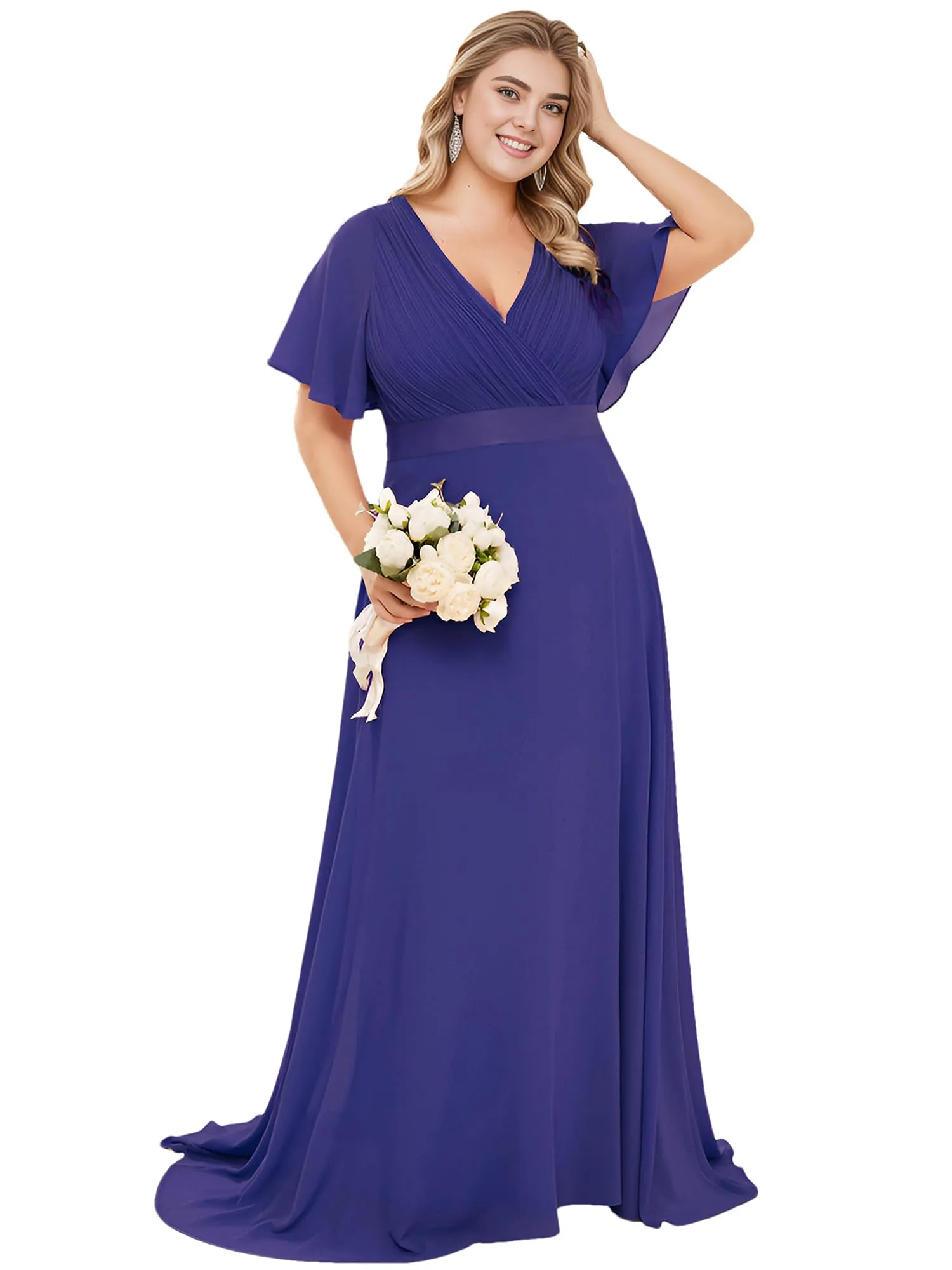 Ever-Pretty Vestito da Cerimonia Donna Stile Impero Linea ad A Scollo a V Maniche Corte Lungo Blu Reale 52EU - immagine 1