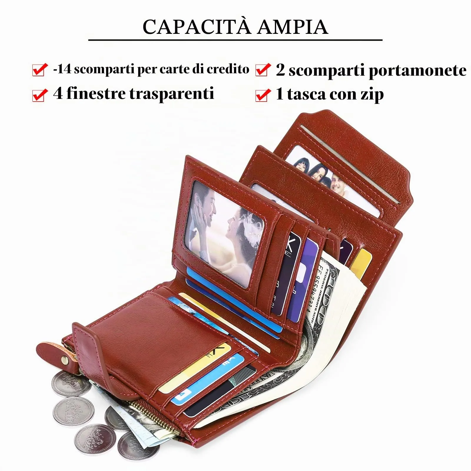 SENDEFN Portafoglio Donna in Pelle Vera Piccolo con RFID, 14 Slot per Carte e Portamonete con Cerniera - immagine 6