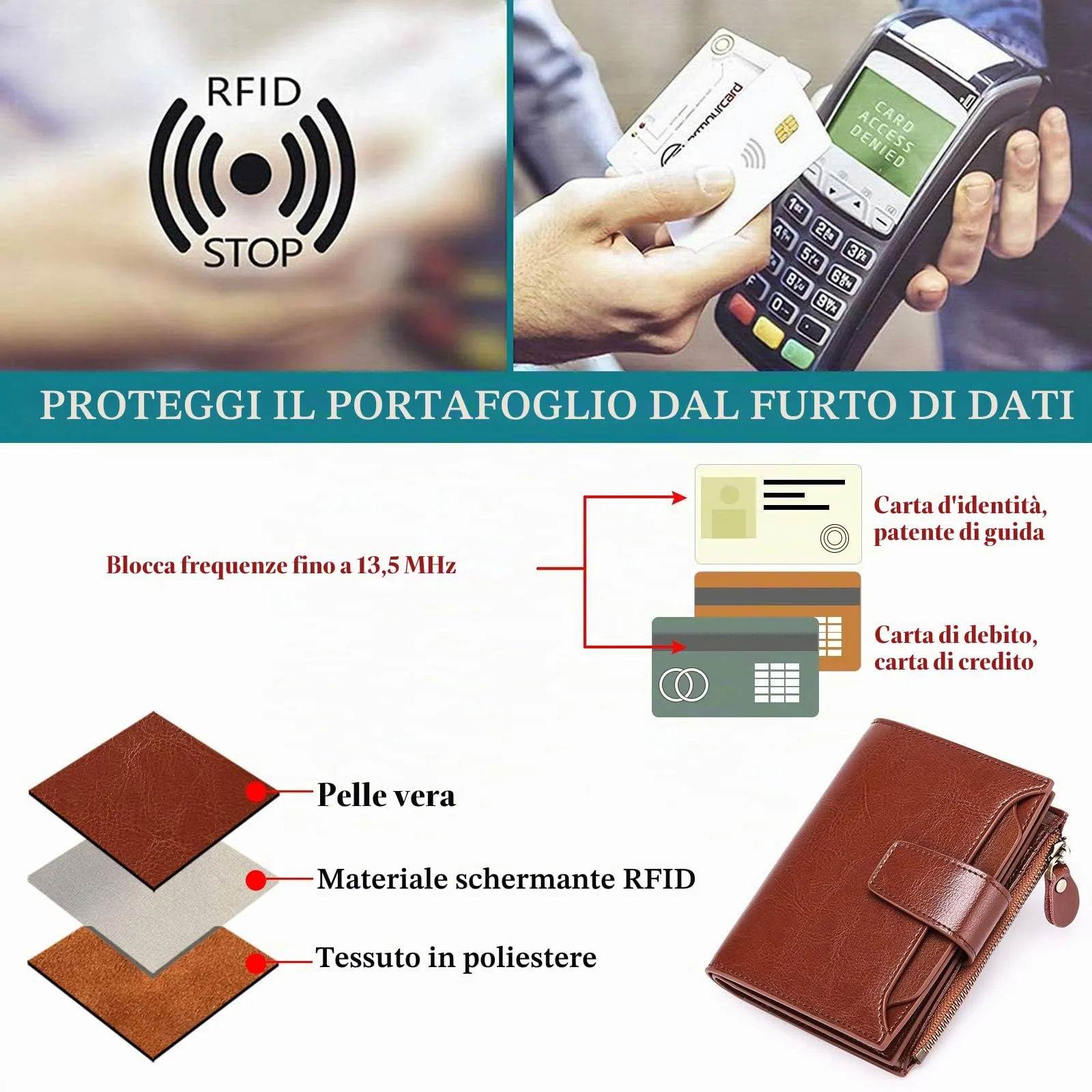 SENDEFN Portafoglio Donna in Pelle Vera Piccolo con RFID, 14 Slot per Carte e Portamonete con Cerniera - immagine 9