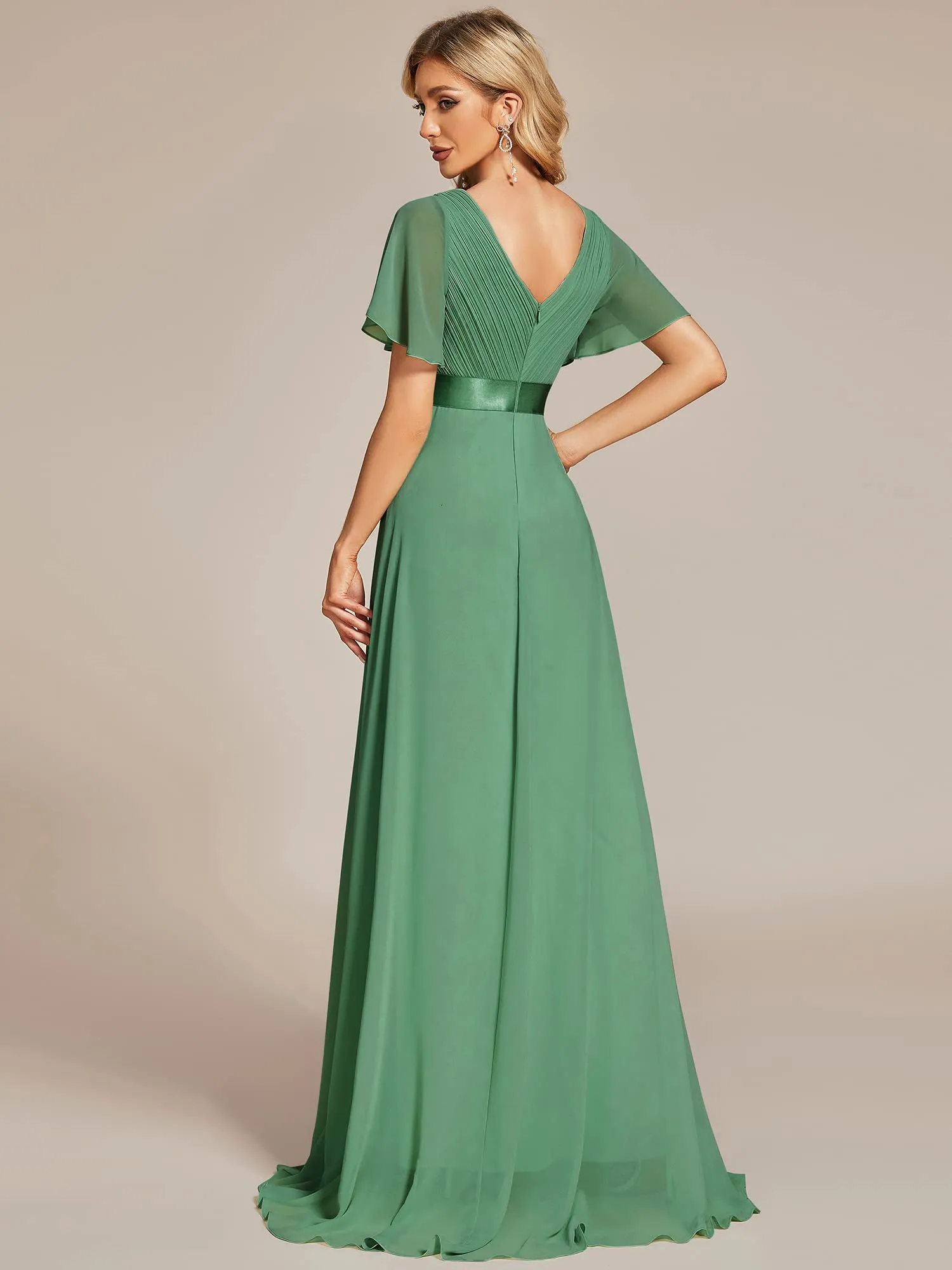 Ever-Pretty Vestito da Cerimonia Donna Stile Impero Linea ad A Scollo a V Maniche Corte, Verde Fagiolo, 48EU - immagine 2