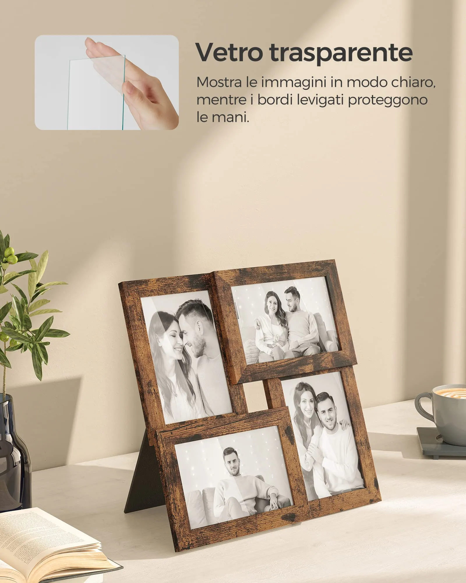 SONGMICS Collage di Cornici per Foto, 4 Pezzi 10 x 15 cm, Marrone Vintage RPF025X01 - immagine 4