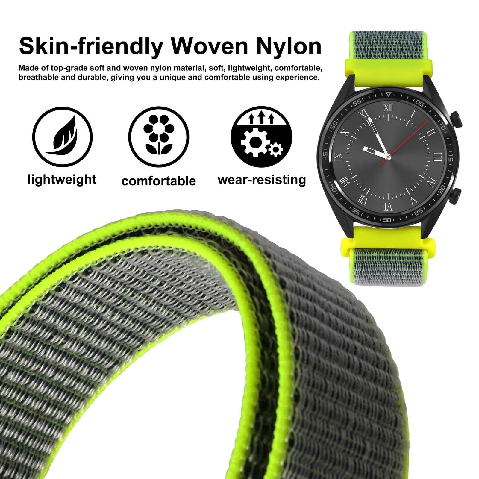 WOCCI Sportivo Cinturino in Nylon 18mm a Sgancio Rapido (Giallo Brillante/Grigio) - immagine 2