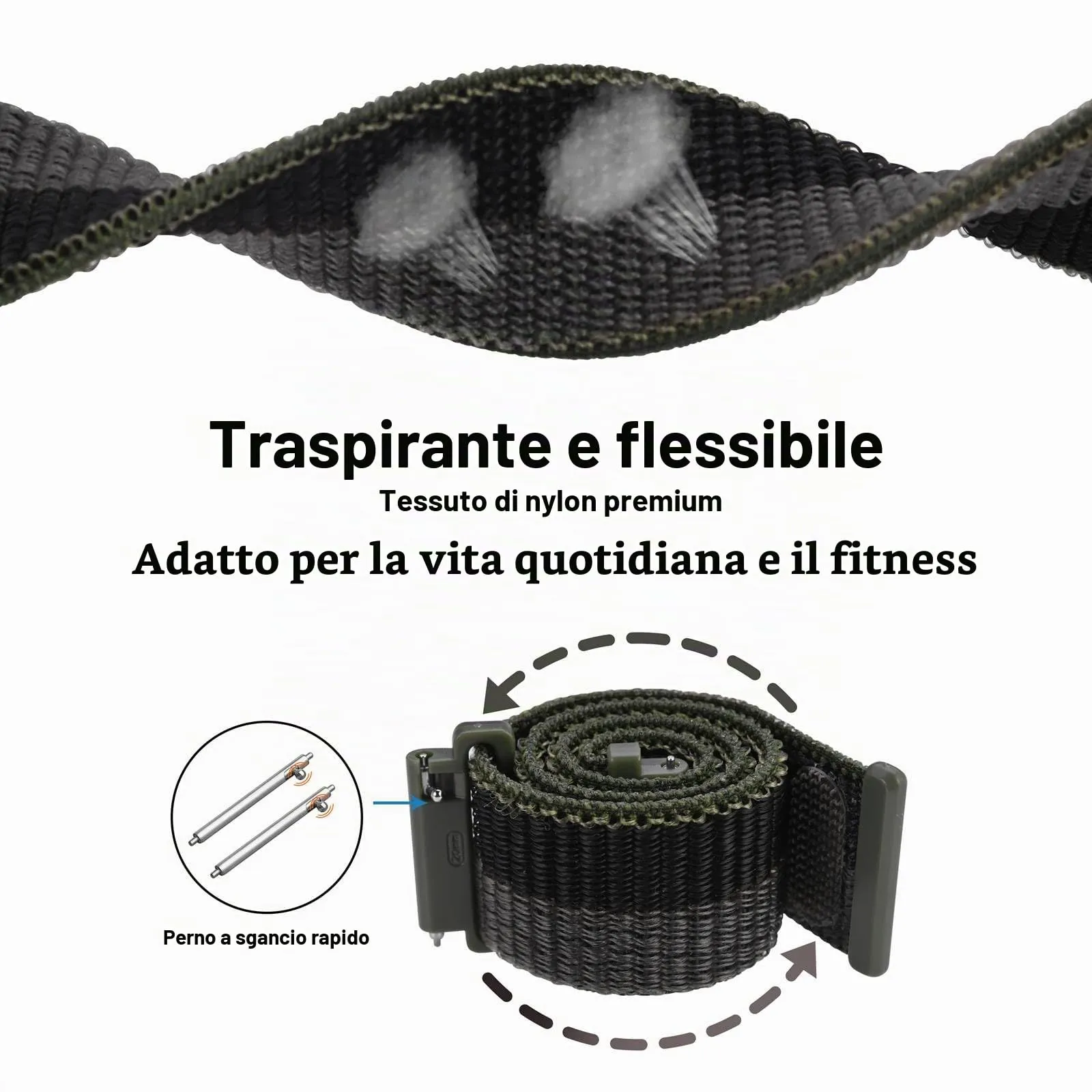 WOCCI Sportivo Cinturino in Nylon 22mm a Sgancio Rapido (Nero/Grigio) - immagine 3