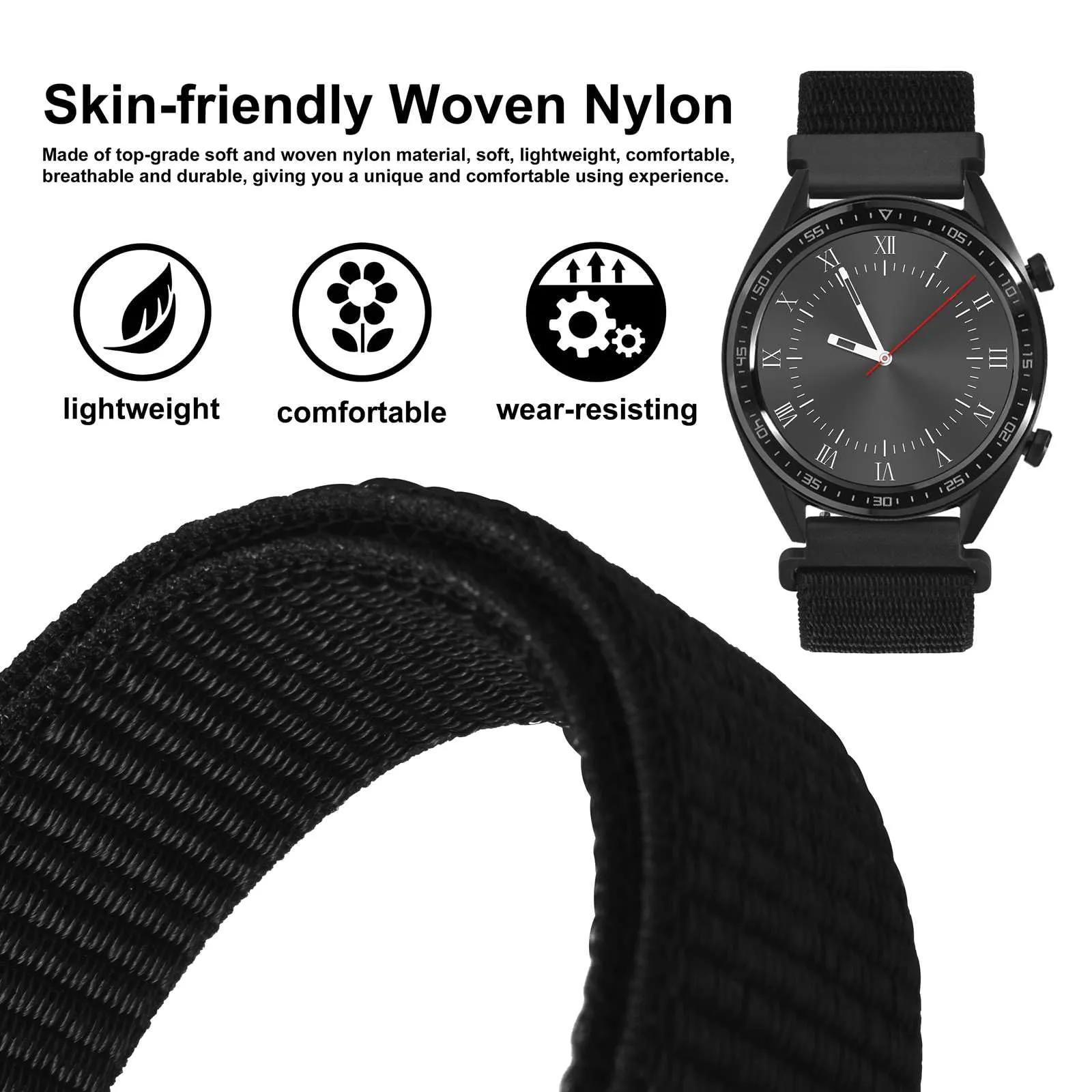 WOCCI Sportivo Cinturino in Nylon 22mm a Sgancio Rapido per Orologi (Nero) - immagine 2