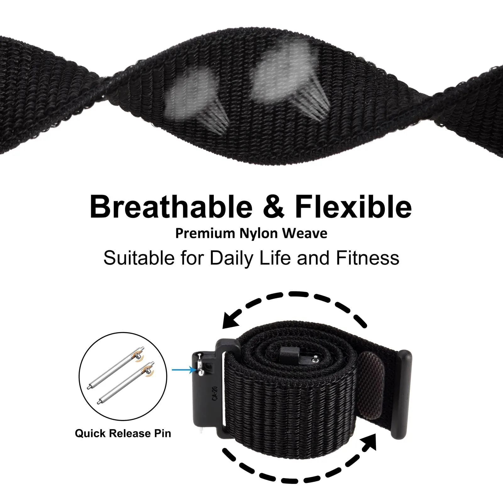 WOCCI Sportivo Cinturino in Nylon 22mm a Sgancio Rapido per Orologi (Nero) - immagine 3
