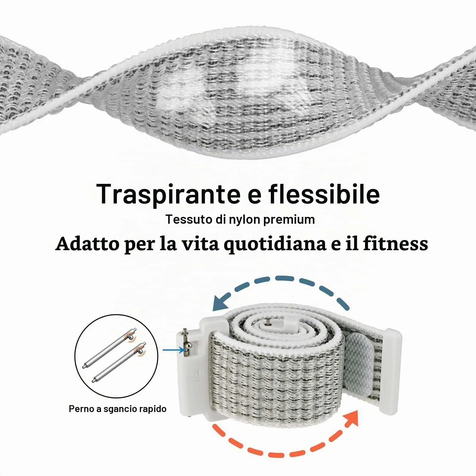 WOCCI Sportivo Cinturino in Nylon 20mm a Sgancio Rapido (Bianco/Grigio) - immagine 3