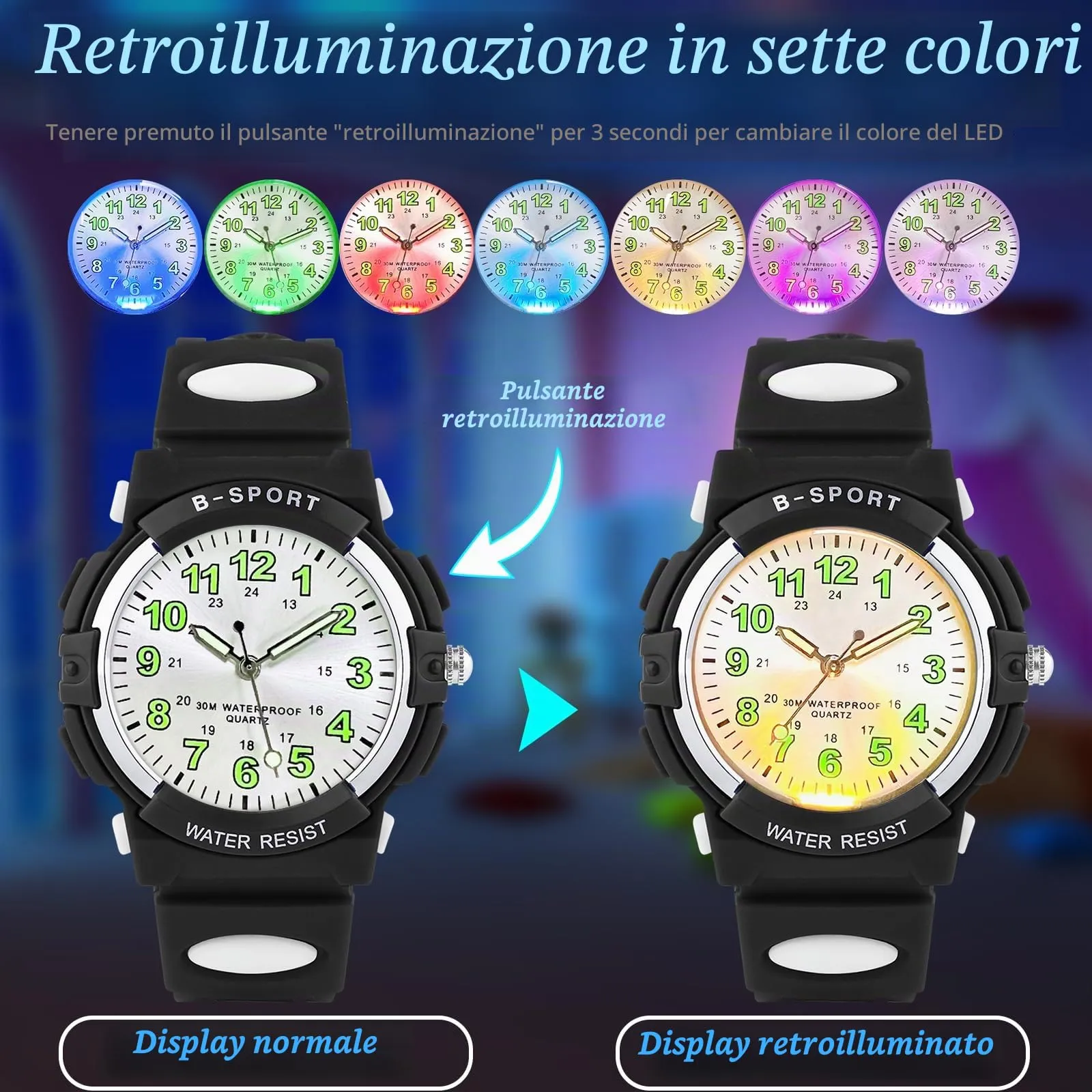 GUUMUXIN Orologio Analogico per Bambini 5-14 Anni, Luci Colorate, Impermeabile 30m, Cinturino TPU - immagine 2