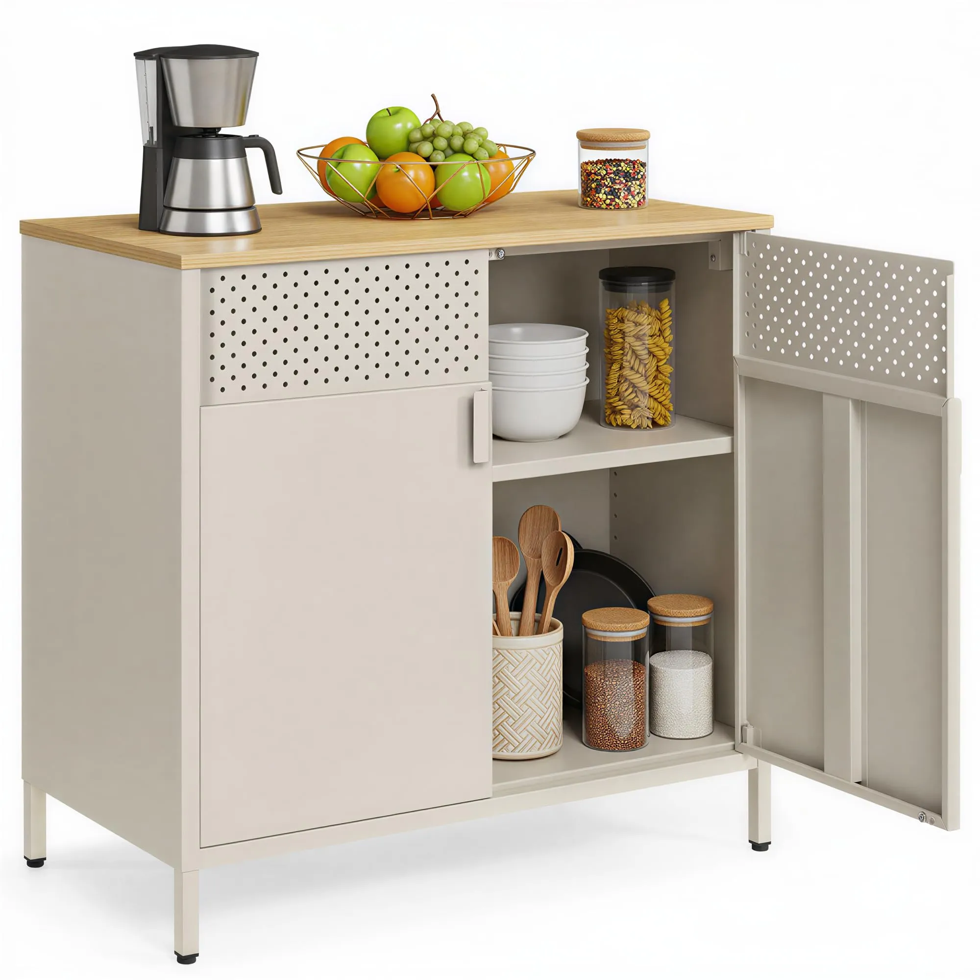 SONGMICS Mobiletto Contenitore Credenza in Metallo, Doppia Anta con Chiusura Magnetica, Ripiani Regolabili, 40 x 80 x 76 cm, Beige Sabbia e Beige Naturale LSC102L01 - immagine 1