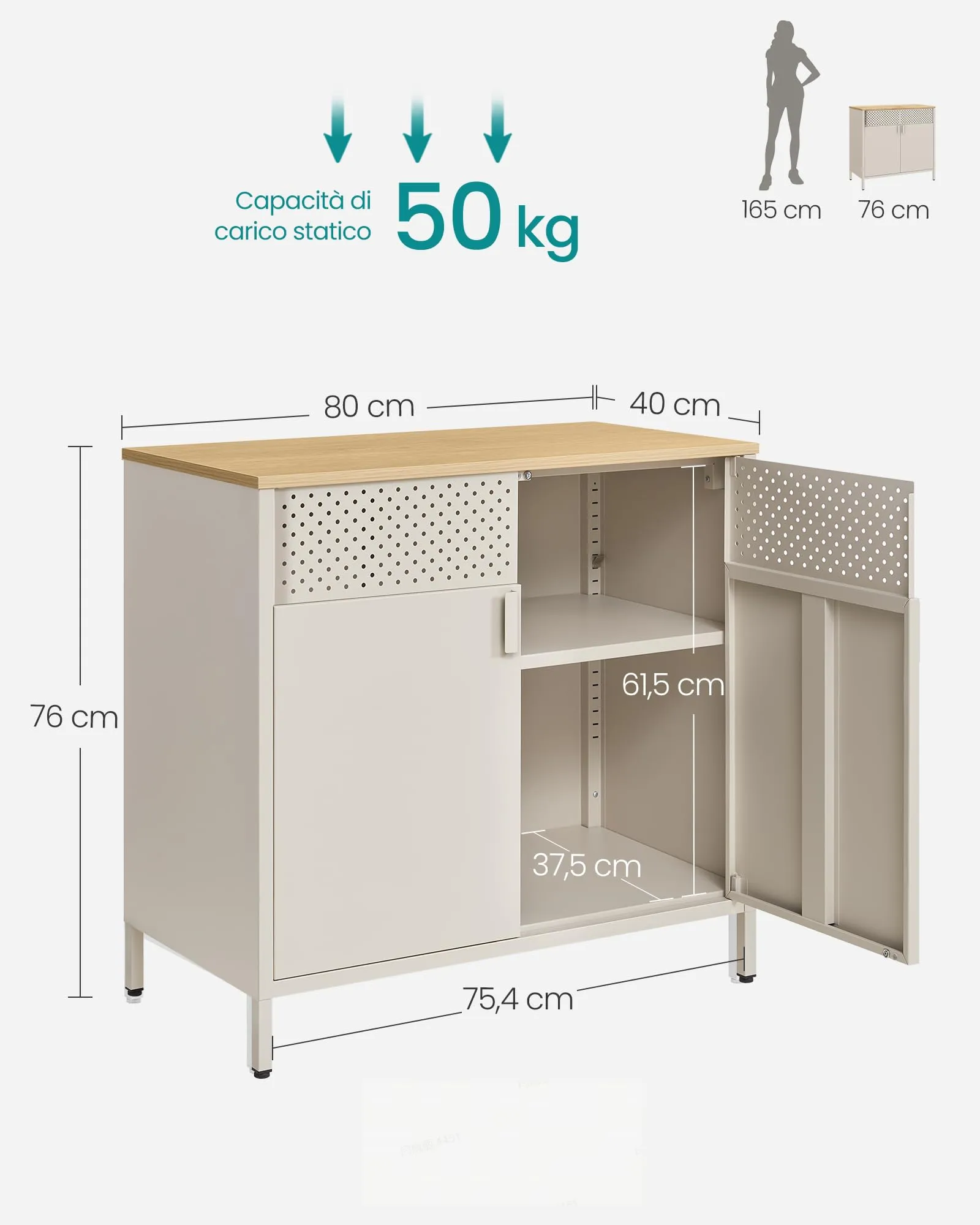 SONGMICS Mobiletto Contenitore Credenza in Metallo, Doppia Anta con Chiusura Magnetica, Ripiani Regolabili, 40 x 80 x 76 cm, Beige Sabbia e Beige Naturale LSC102L01 - immagine 3