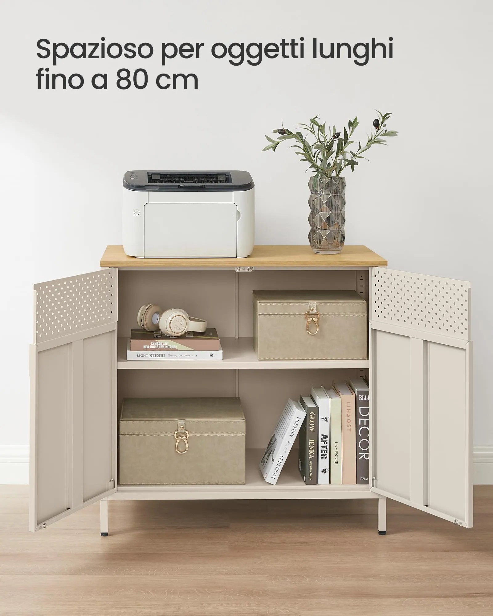 SONGMICS Mobiletto Contenitore Credenza in Metallo, Doppia Anta con Chiusura Magnetica, Ripiani Regolabili, 40 x 80 x 76 cm, Beige Sabbia e Beige Naturale LSC102L01 - immagine 4