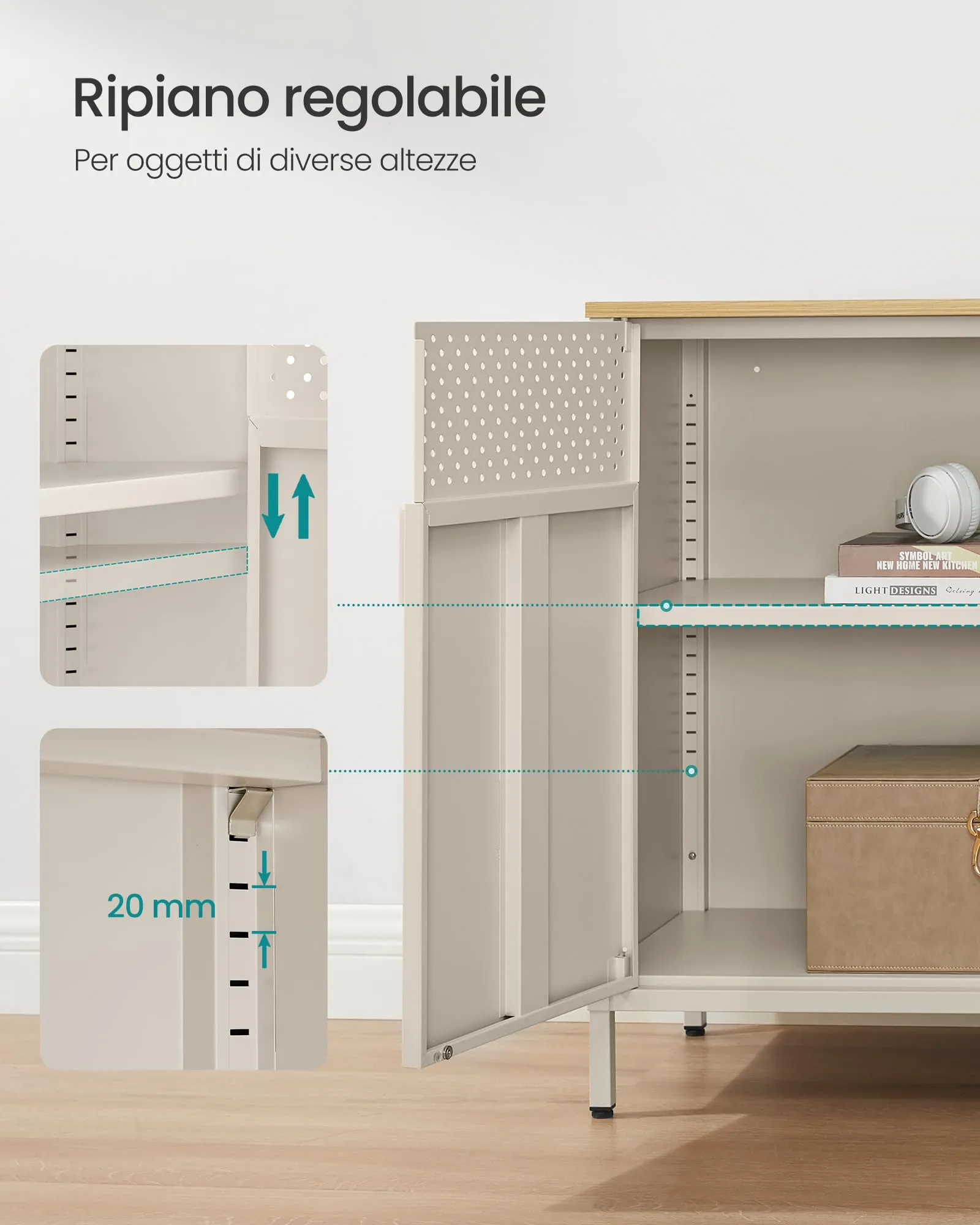 SONGMICS Mobiletto Contenitore Credenza in Metallo, Doppia Anta con Chiusura Magnetica, Ripiani Regolabili, 40 x 80 x 76 cm, Beige Sabbia e Beige Naturale LSC102L01 - immagine 7