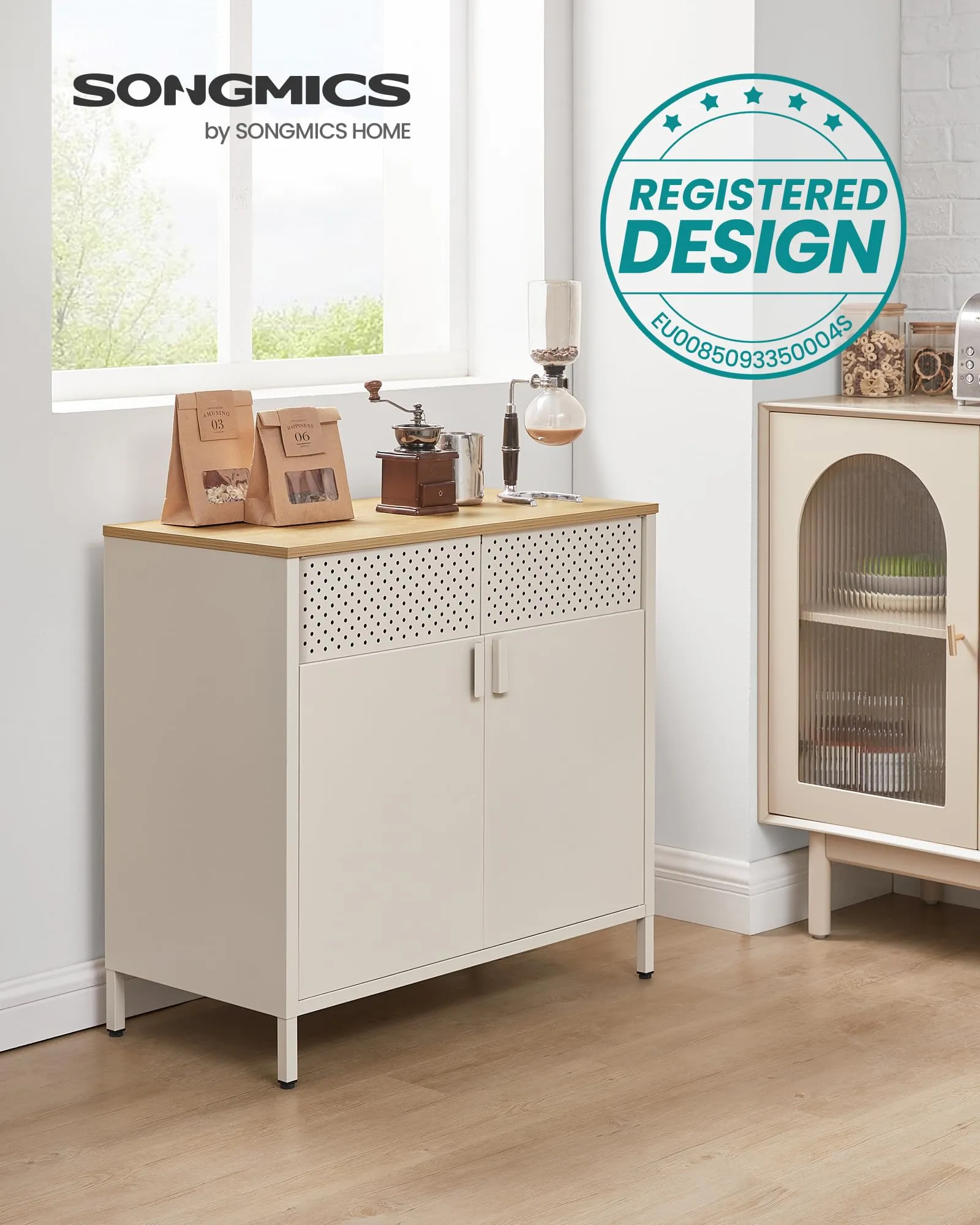 SONGMICS Mobiletto Contenitore Credenza in Metallo, Doppia Anta con Chiusura Magnetica, Ripiani Regolabili, 40 x 80 x 76 cm, Beige Sabbia e Beige Naturale LSC102L01 - immagine 8