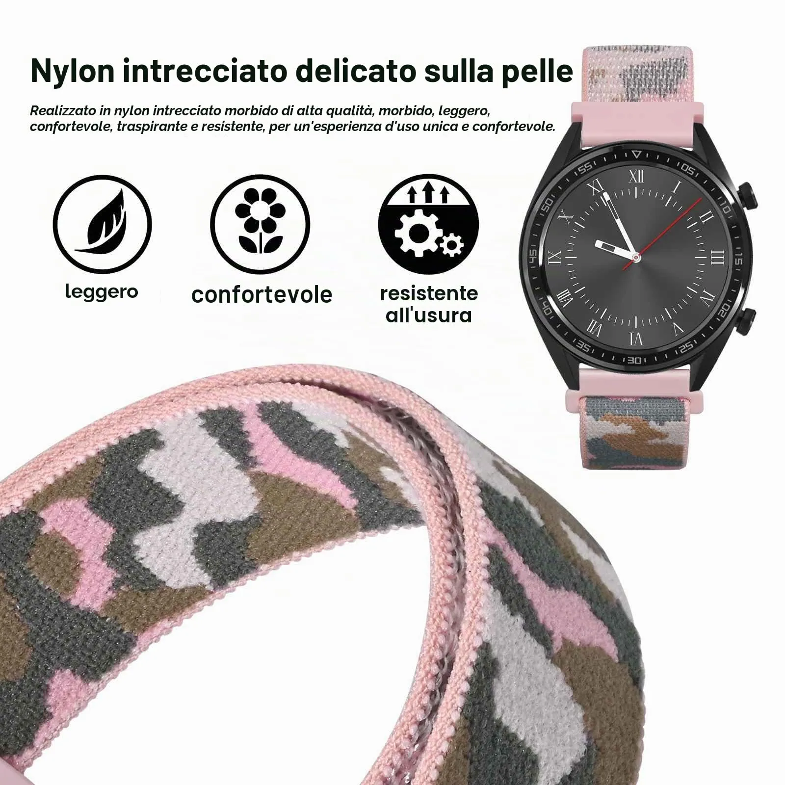 WOCCI Sportivo Cinturino in Nylon 18mm a Sgancio Rapido (Camo Rosa) - immagine 2