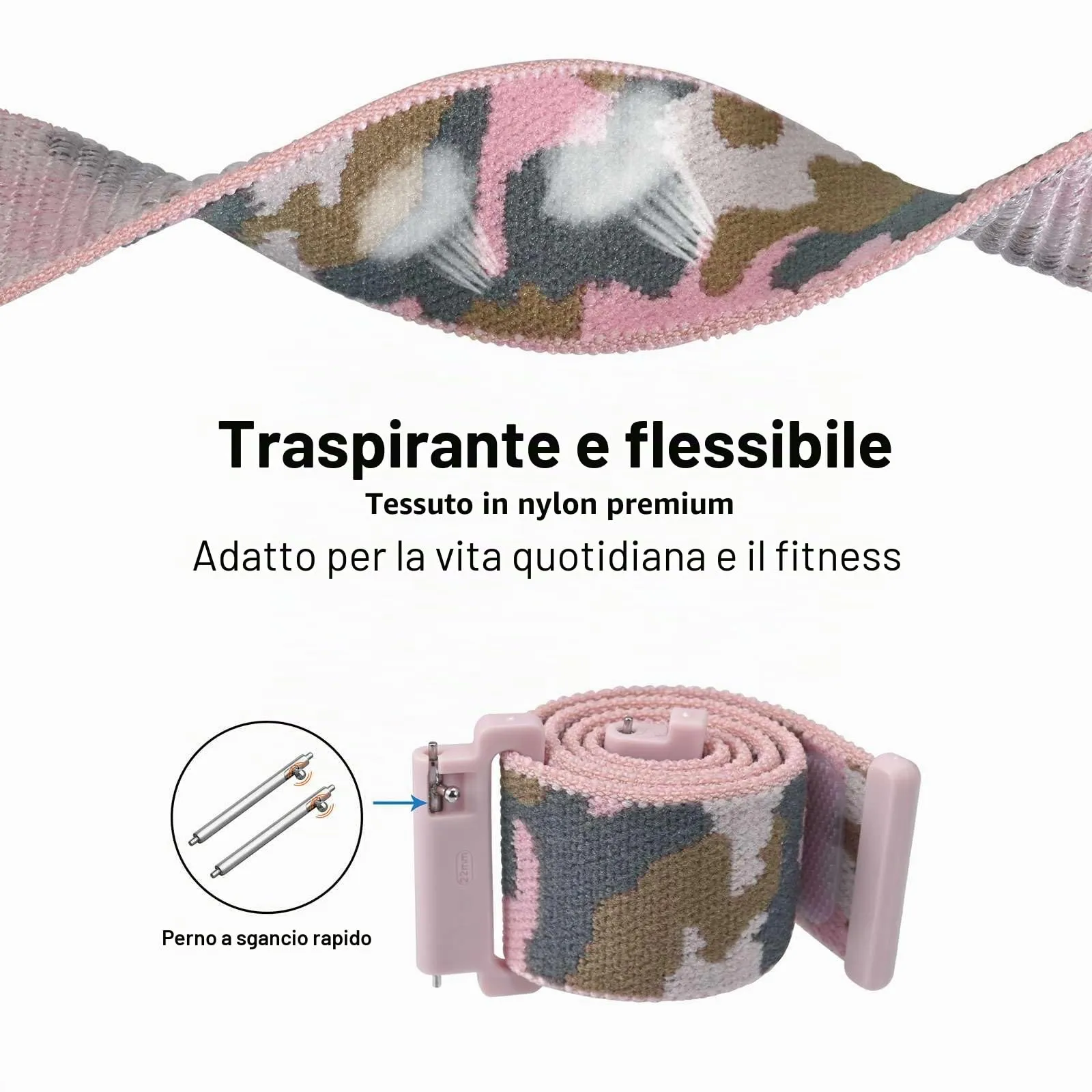 WOCCI Sportivo Cinturino in Nylon 18mm a Sgancio Rapido (Camo Rosa) - immagine 3