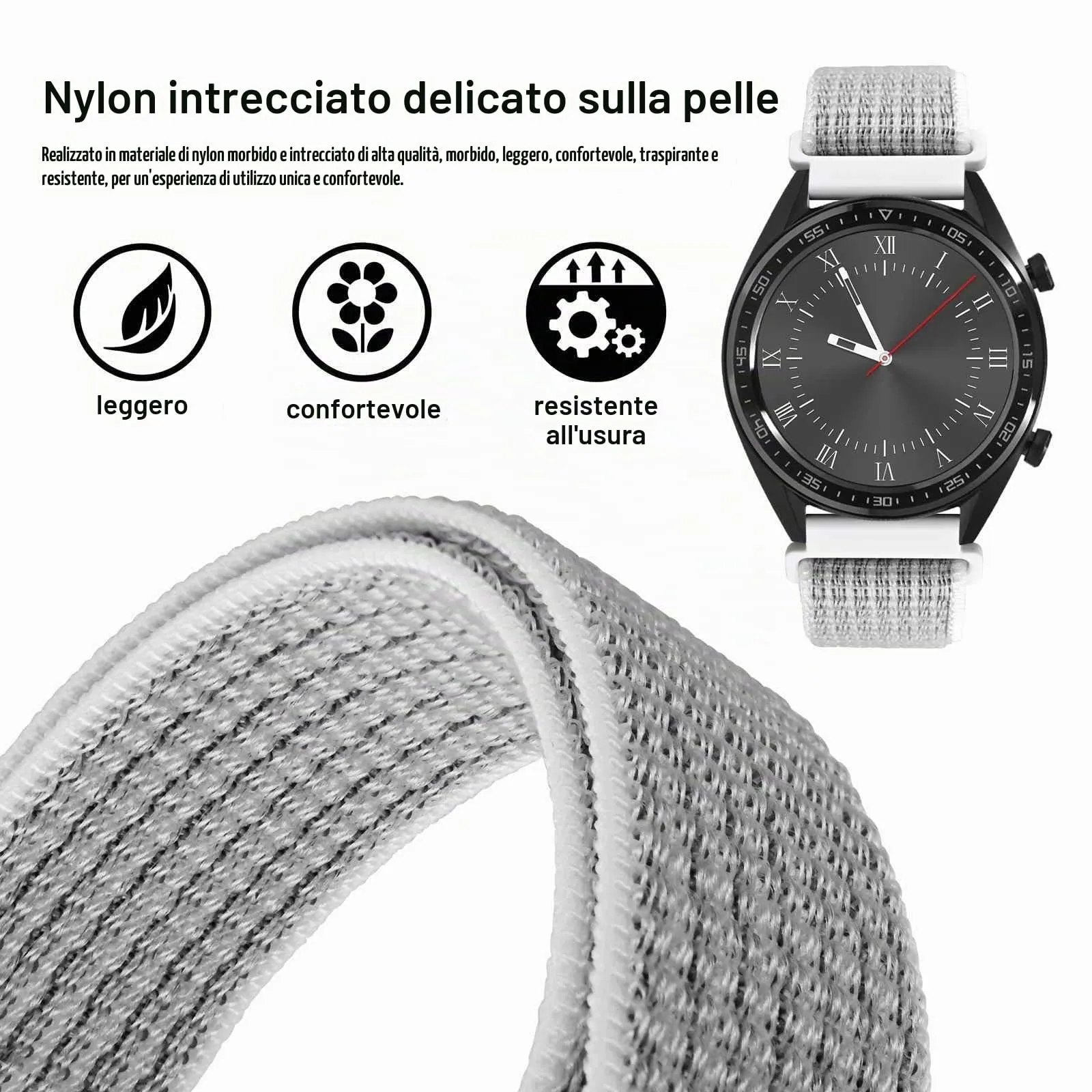 WOCCI Sportivo Cinturino in Nylon 18mm a Sgancio Rapido (Bianco/Grigio) - immagine 2