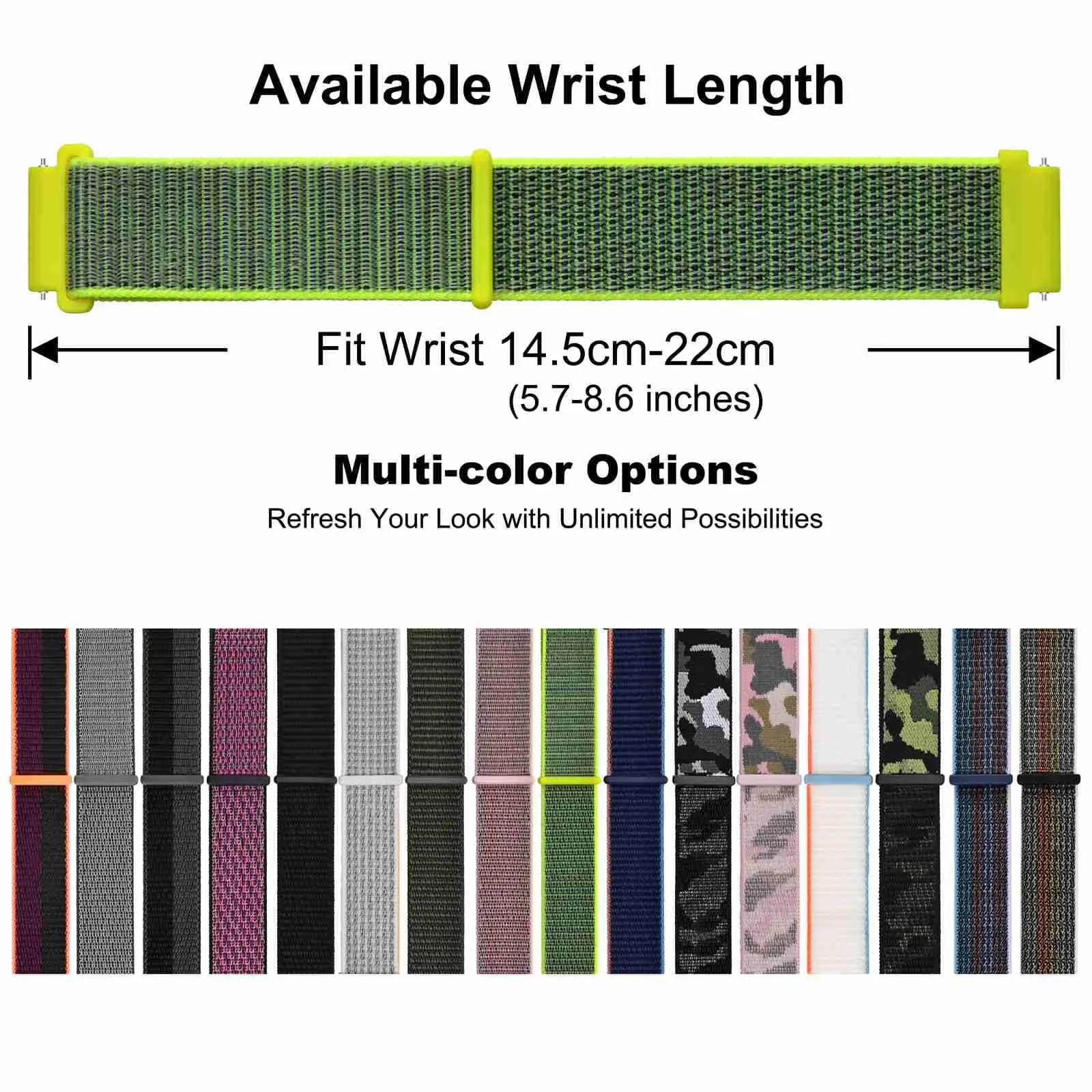 WOCCI Sportivo Cinturino in Nylon 22mm a Sgancio Rapido (Giallo Brillante/Grigio) - immagine 6