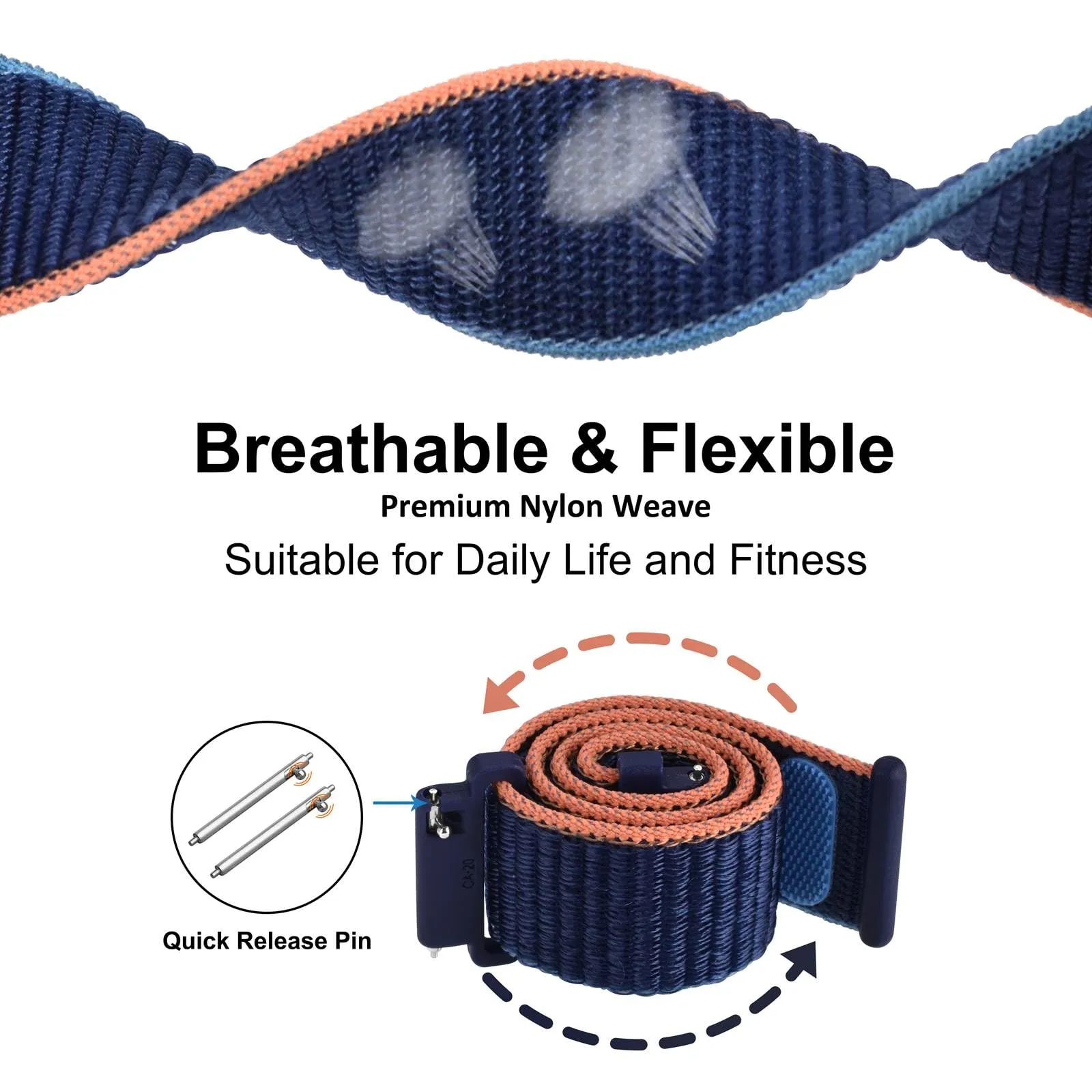 WOCCI Sportivo Cinturino in Nylon 20mm a Sgancio Rapido (Blu Navy) - immagine 3