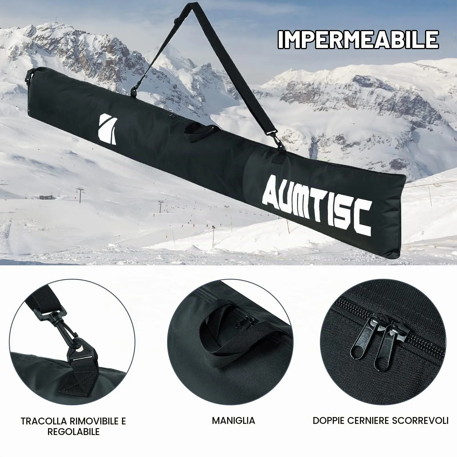AUMTISC Borsa da Sci e Scarponi Imbottita, Lunghezza Regolabile fino a 200 cm, Nero - immagine 5