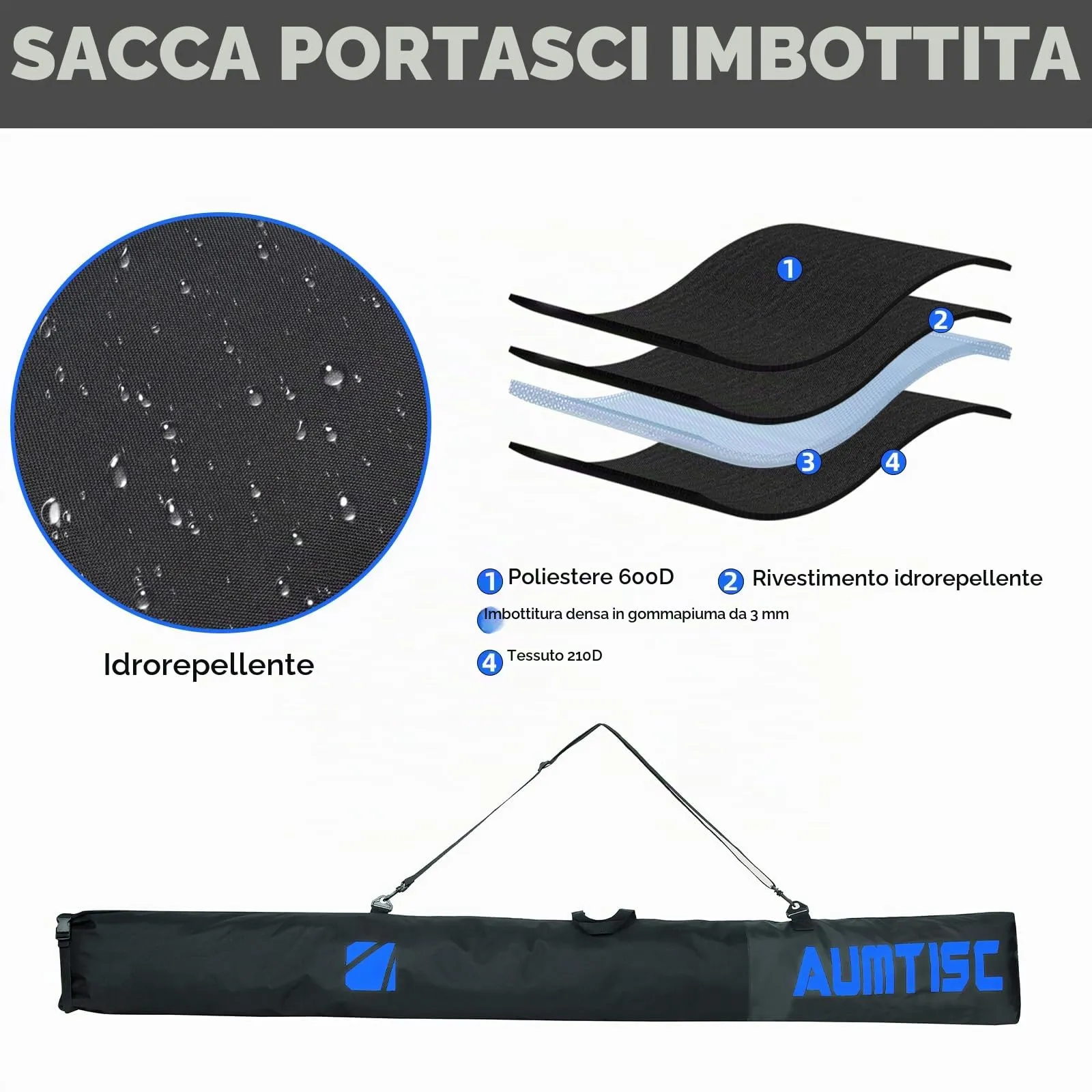 AUMTISC Sacca Portasci e Portascarponi Combinata Imbottita, Lunghezza Regolabile fino a 200 cm, Blu - immagine 2