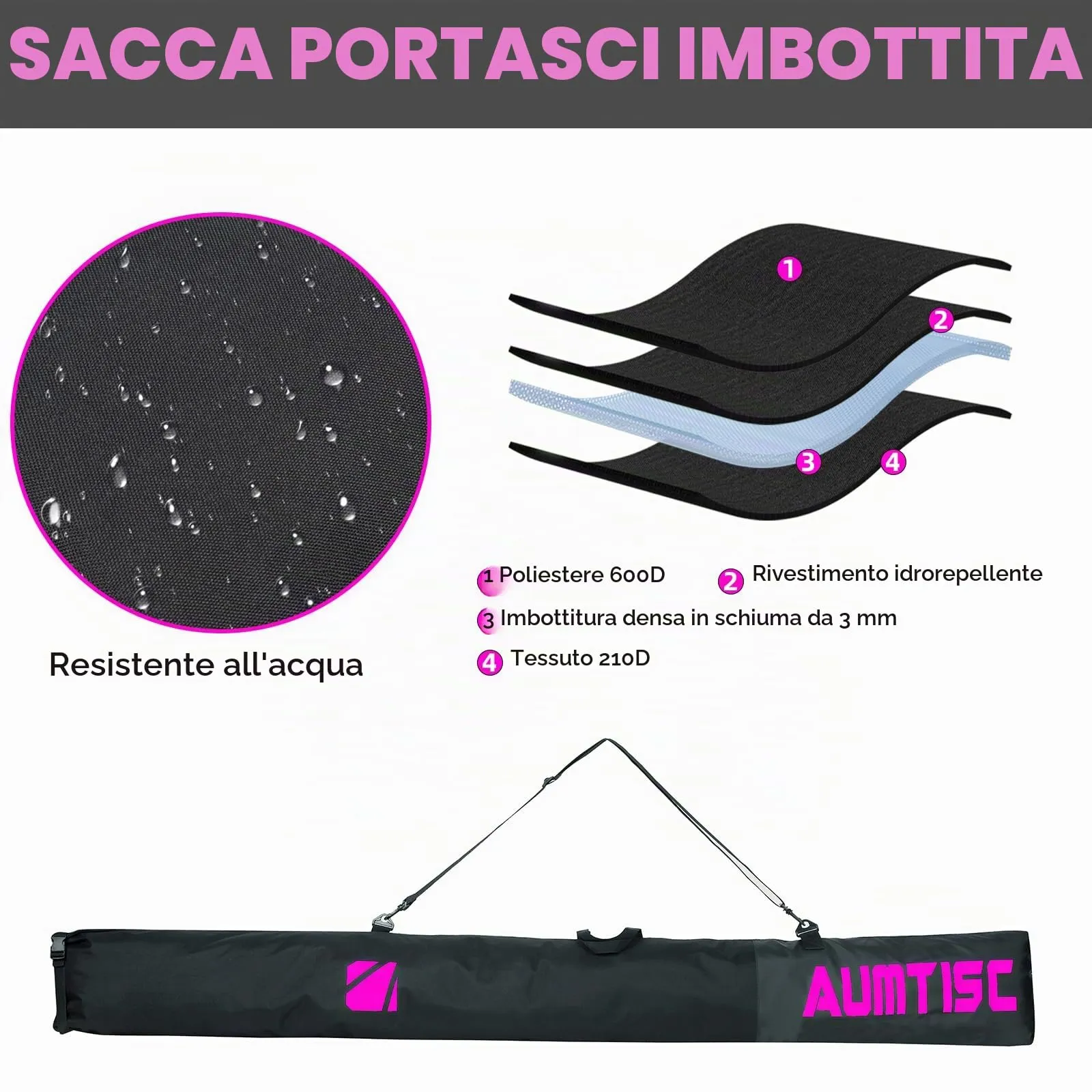 AUMTISC Sacca Portasci e Portascarponi Imbottite, Lunghezza Regolabile fino a 200 cm - immagine 2