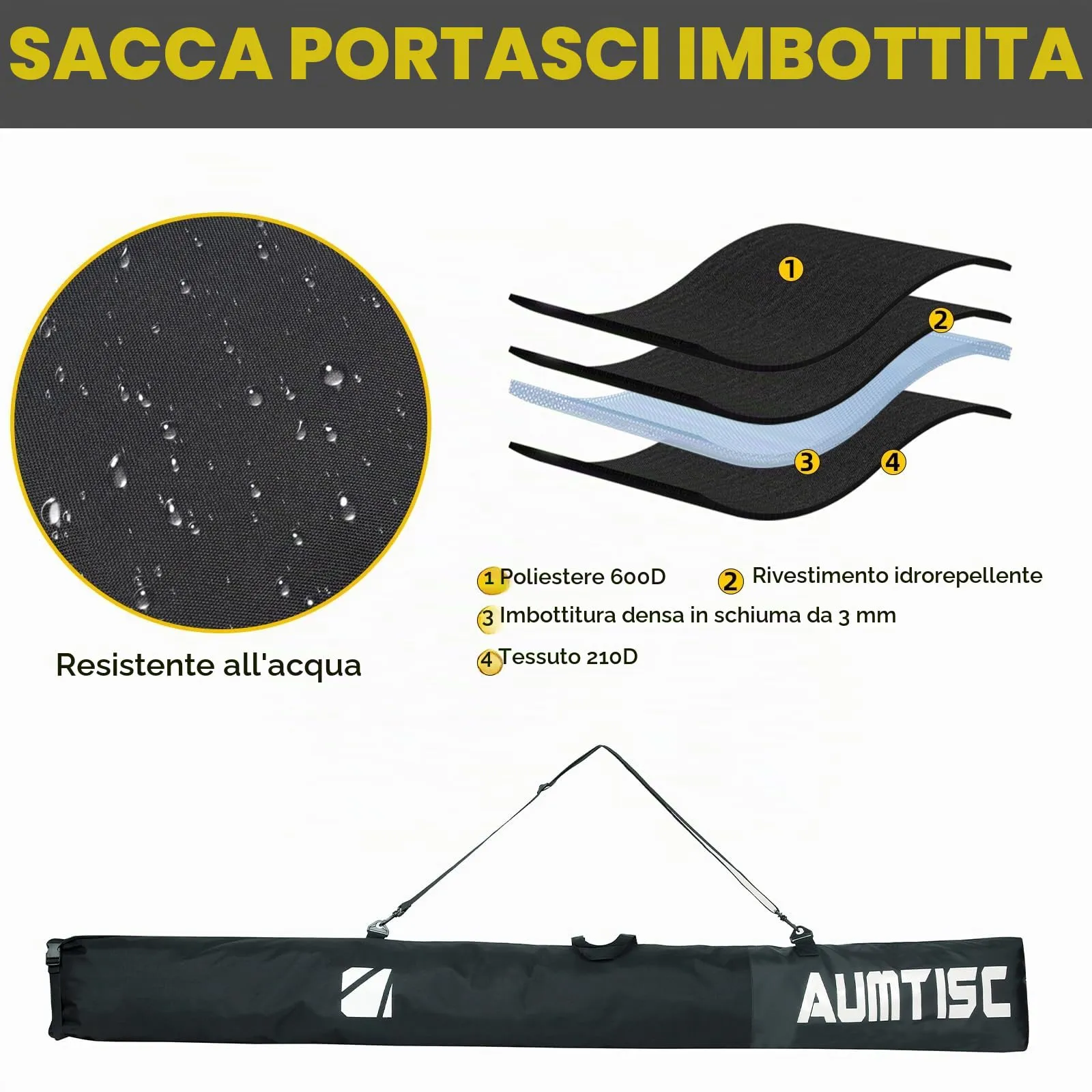 AUMTISC Sacca Portasci e Portascarponi Imbottite, Lunghezza Regolabile fino a 200 cm - immagine 2
