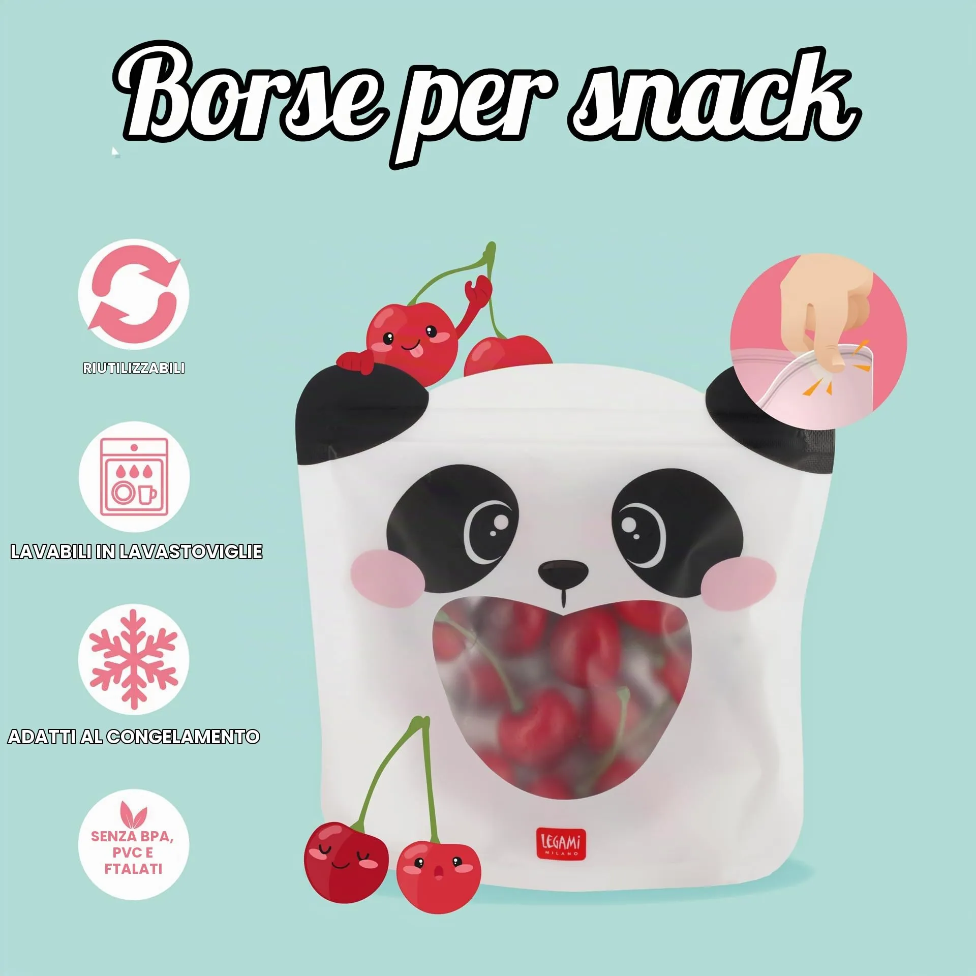 Legami Set di 3 Buste per Alimenti Panda, Misure S, M, L, Riutilizzabili e Lavabili in Lavastoviglie - immagine 2