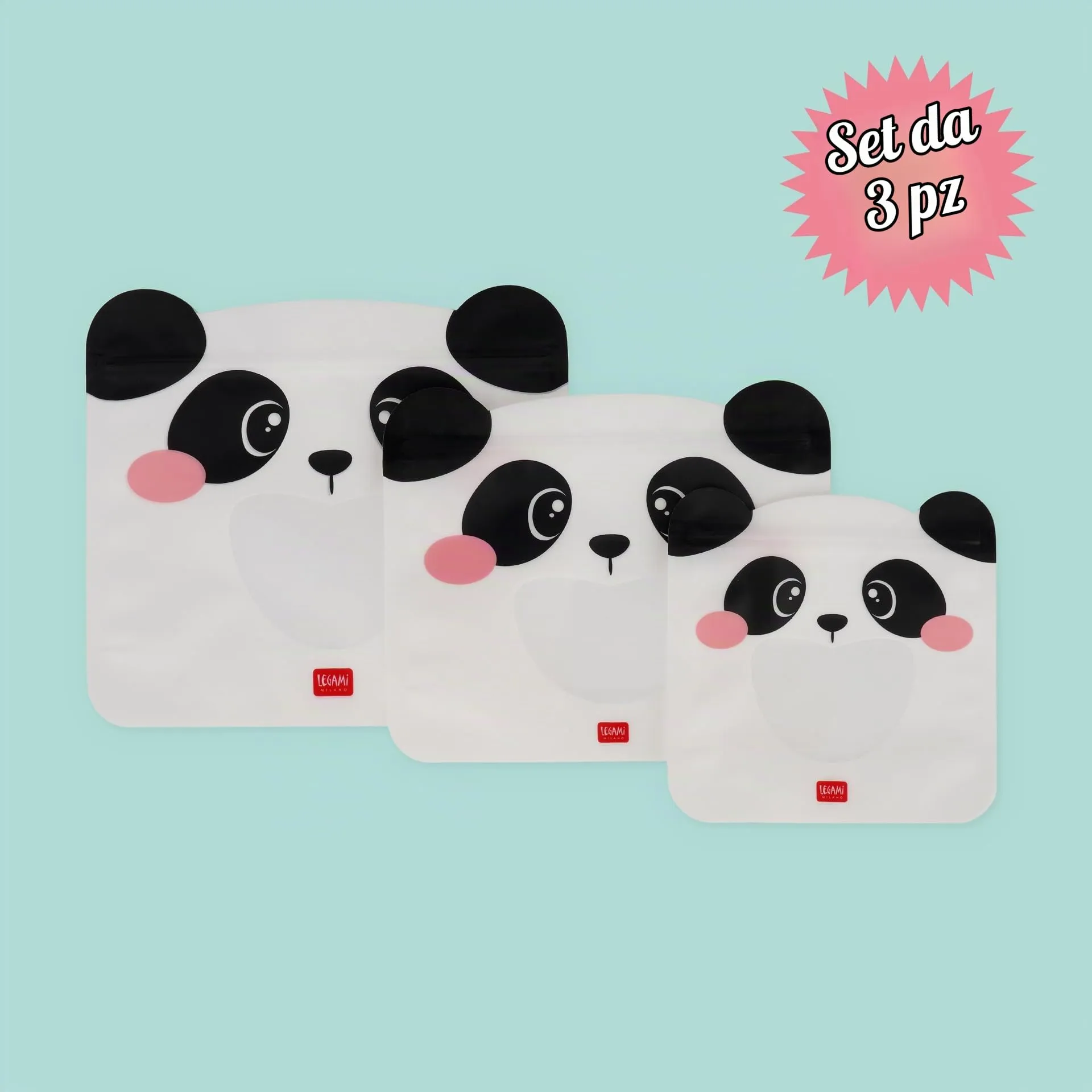 Legami Set di 3 Buste per Alimenti Panda, Misure S, M, L, Riutilizzabili e Lavabili in Lavastoviglie - immagine 3