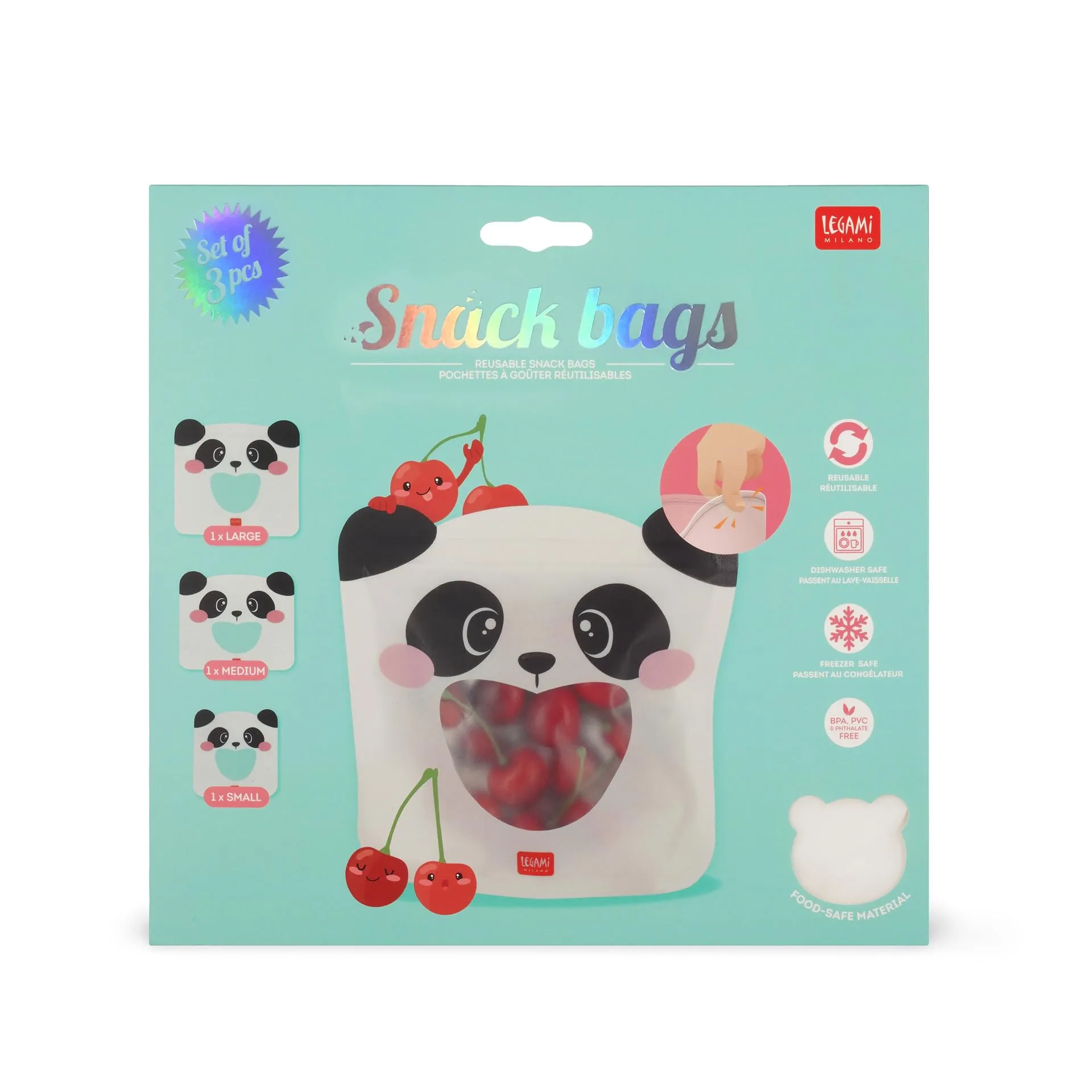 Legami Set di 3 Buste per Alimenti Panda, Misure S, M, L, Riutilizzabili e Lavabili in Lavastoviglie - immagine 5