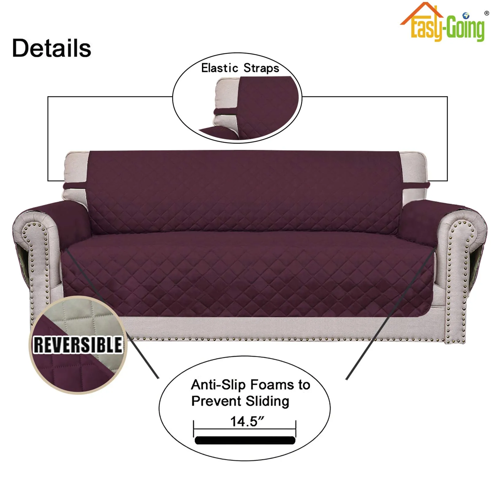 Easy-Going Copridivano Reversibile con 2 Cuscini, Vinaccia/Beige, 54'' - immagine 3