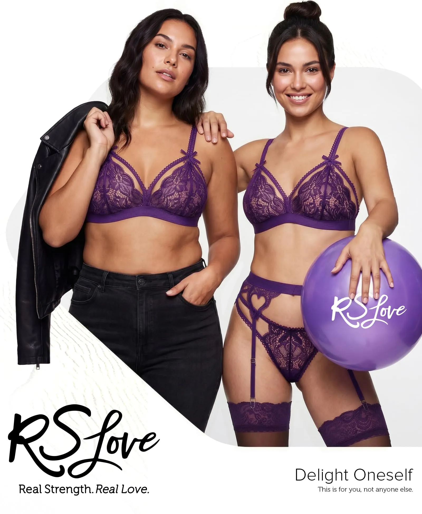 RSLOVE Set di Biancheria Intima in Pizzo con Body Teddy e Reggicalze, Viola, XXL - immagine 2