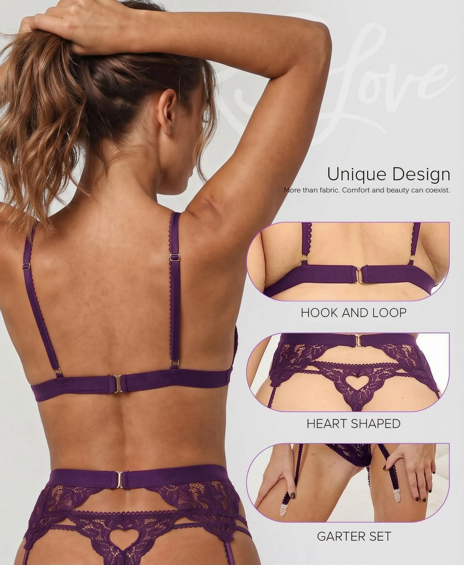 RSLOVE Set di Biancheria Intima in Pizzo con Body Teddy e Reggicalze, Viola, XXL - immagine 4