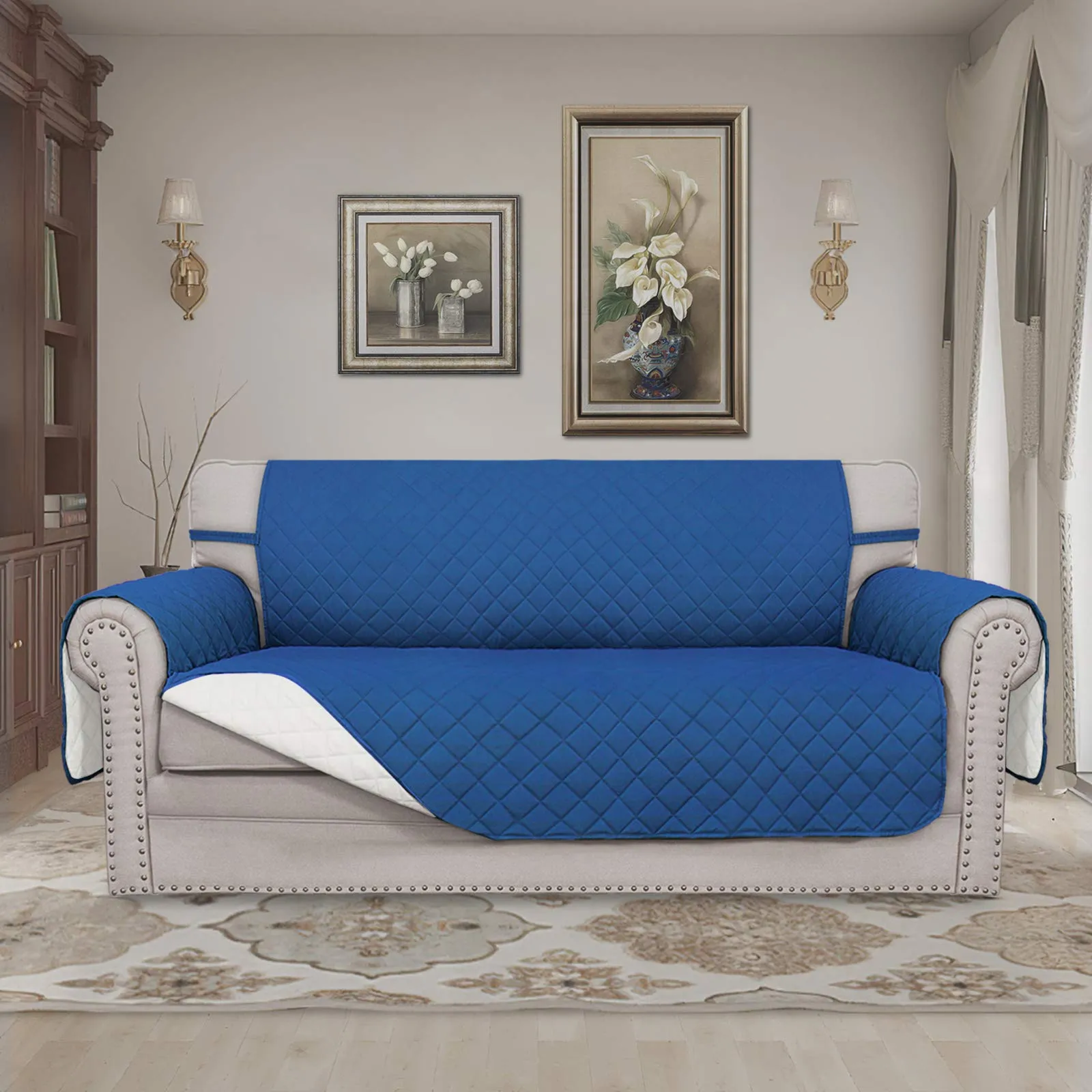 Easy-Going Copridivano Reversibile per Divano a 2 Posti con Cinghie Elastiche, Blu Scuro/Avorio - immagine 2