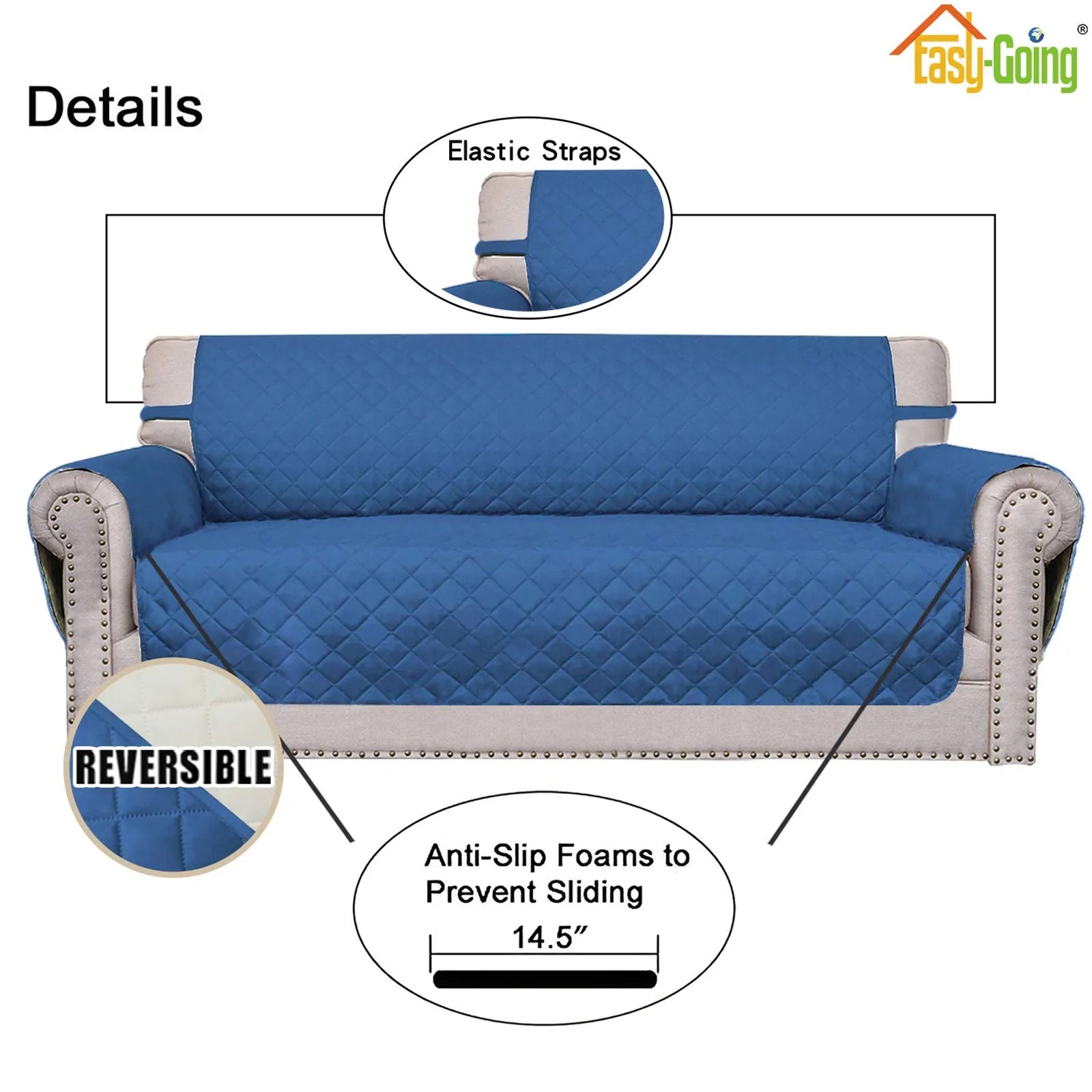 Easy-Going Copridivano Reversibile per Divano a 2 Posti con Cinghie Elastiche, Blu Scuro/Avorio - immagine 3