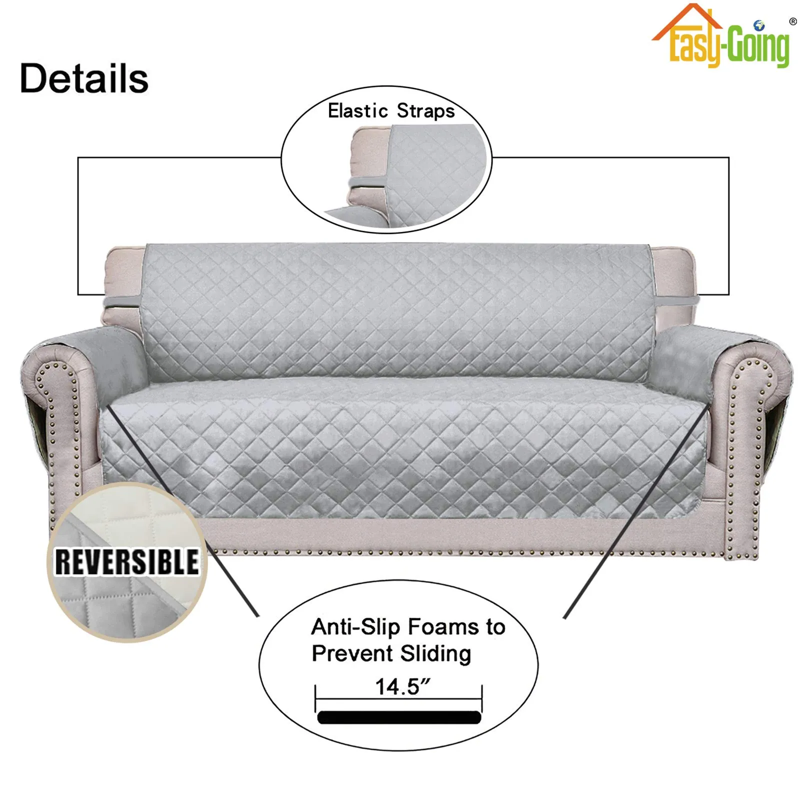 Easy-Going Copridivano Reversibile per Divano a 2 Posti, Grigio Chiaro/Avorio - immagine 3