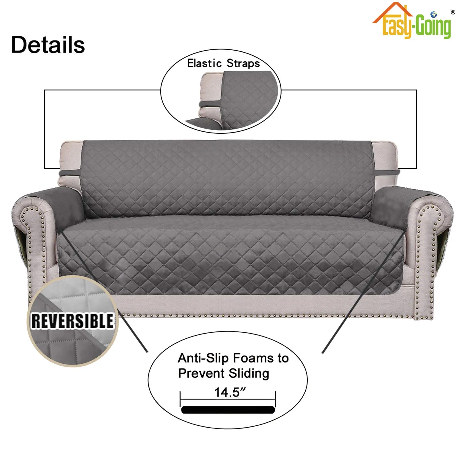 Easy-Going Copridivano Reversibile con 2 Cuscini per Divanetto Oversize, Grigio/Grigio Chiaro - immagine 3