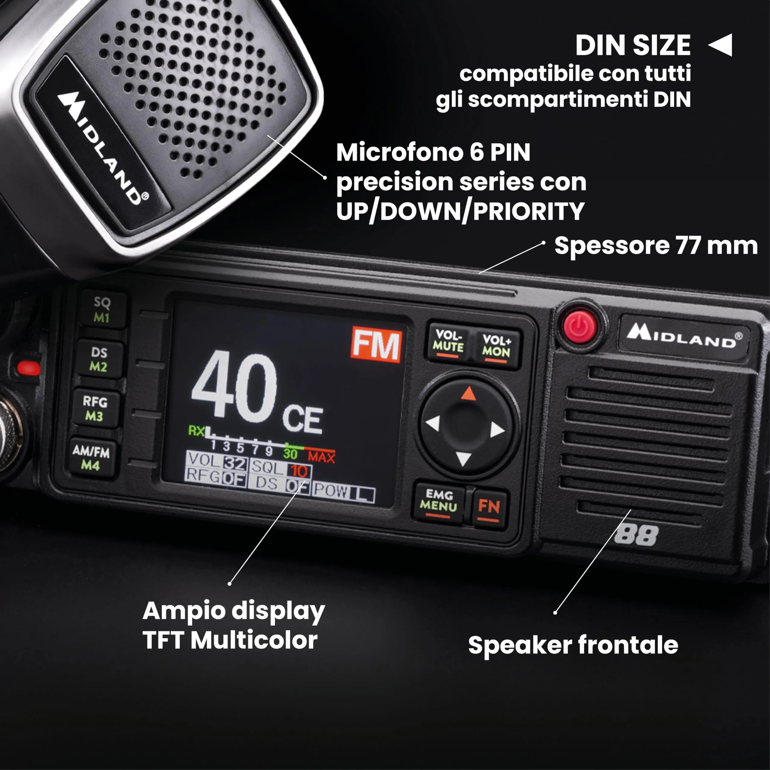 Midland M88 CB Radio Veicolare per Scomparti DIN, Display TFT, Noise Blanker/HIC, Alimentazione Universale 12/24V - immagine 3