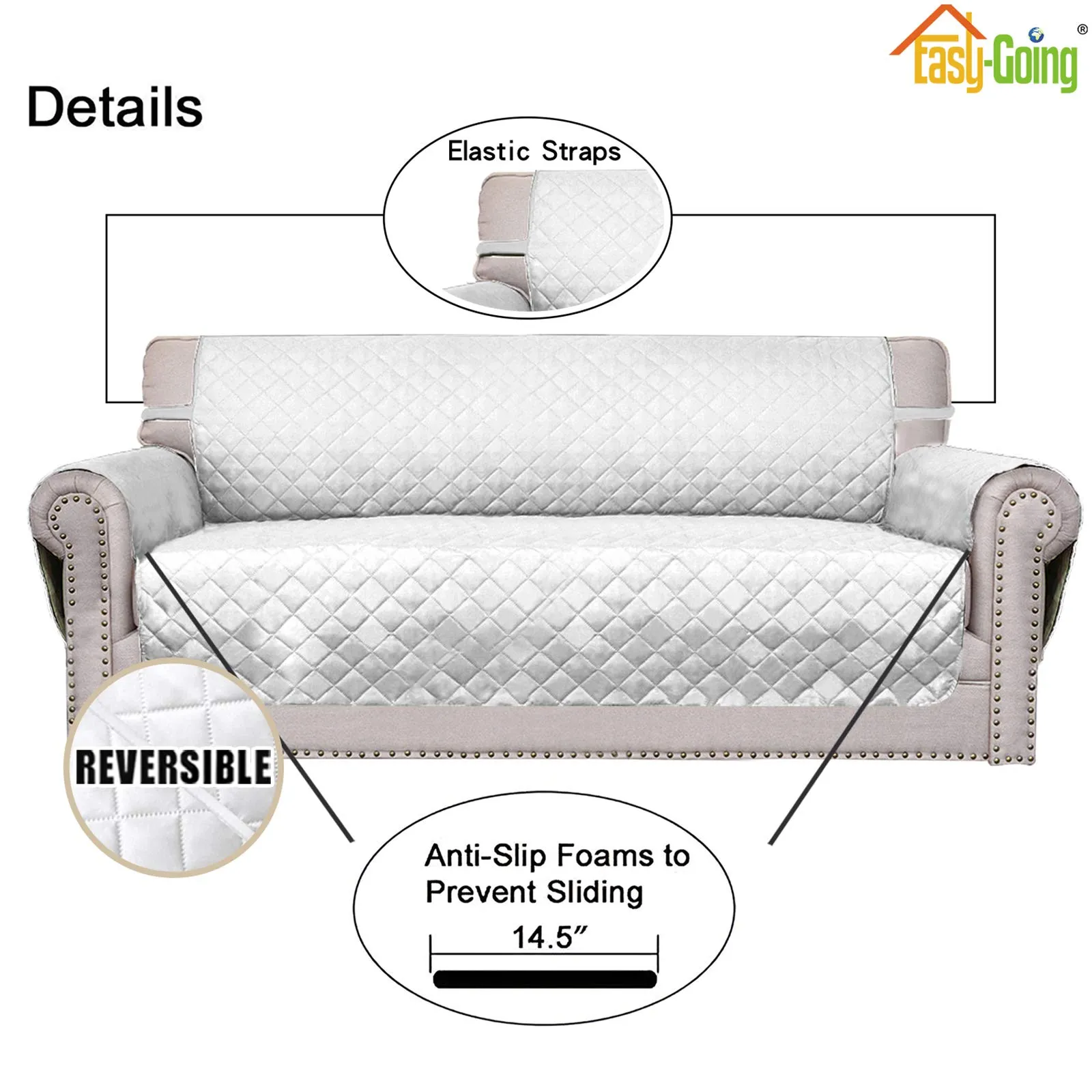 Easy-Going Copridivano Reversibile con 2 Cuscini, Bianco/Bianco, 54'' - immagine 3