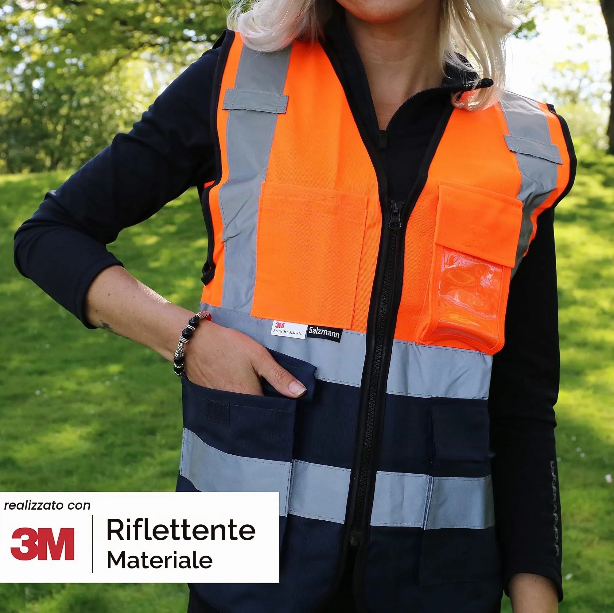 Salzmann Gilet ad alta visibilità riflettente, Arancione/Blu Navy, XXL-3XL - immagine 5