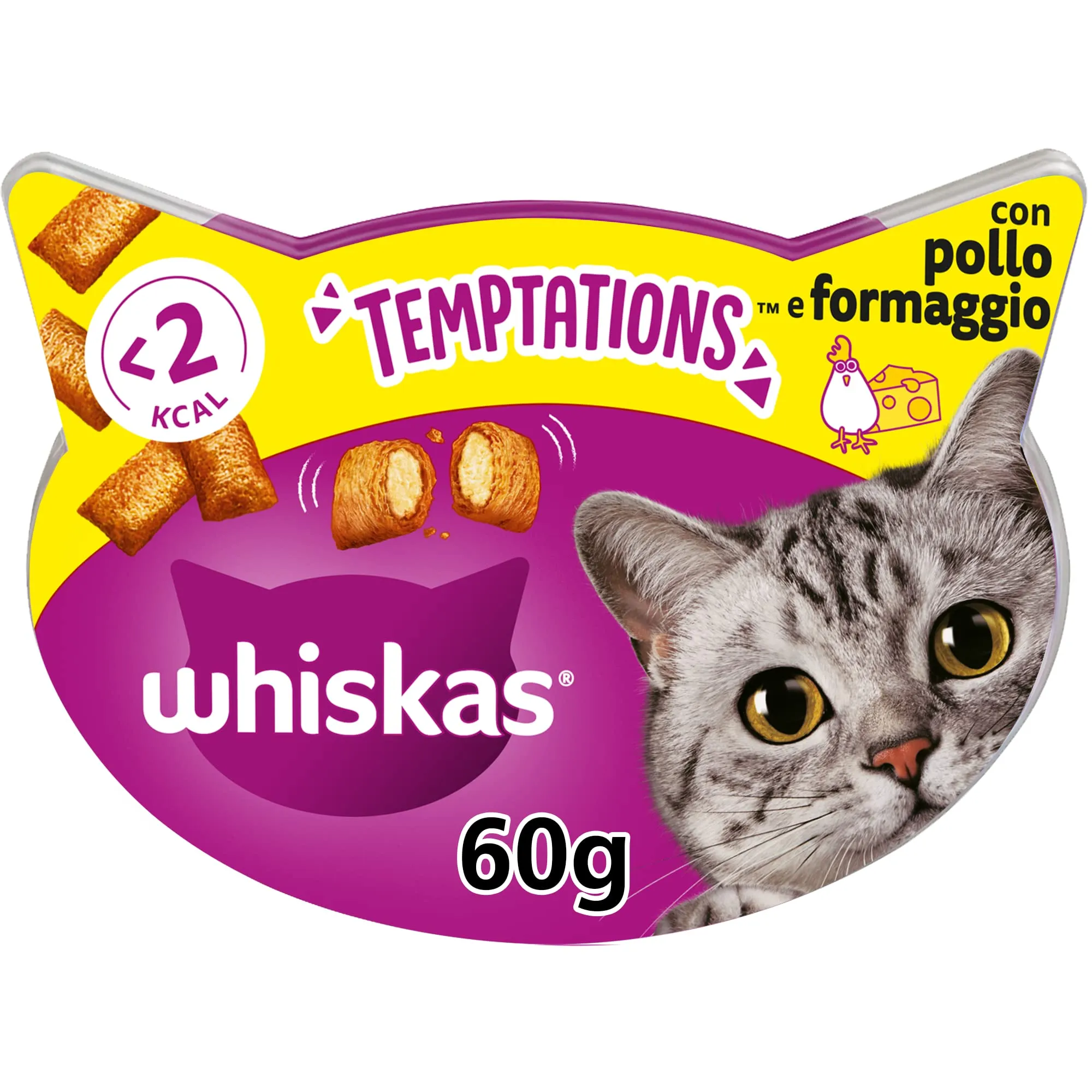 Whiskas Temptations Snack per Gatto con Pollo e Formaggio, 60 g, 8 Vaschette - immagine 1