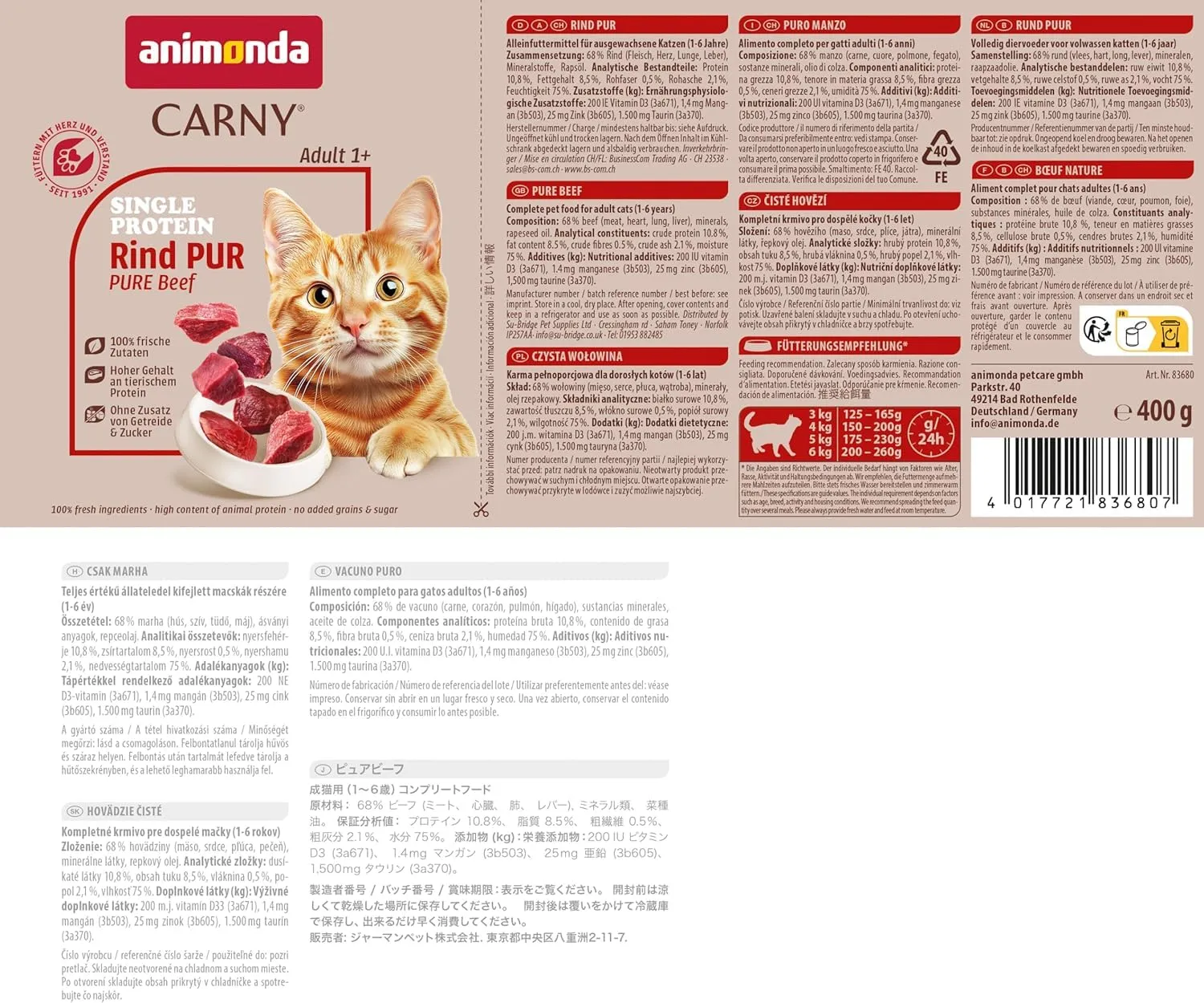 animonda Carny Adult Cibo Umido per Gatti, Proteina Singola Manzo Puro, 6 x 400 g - immagine 3