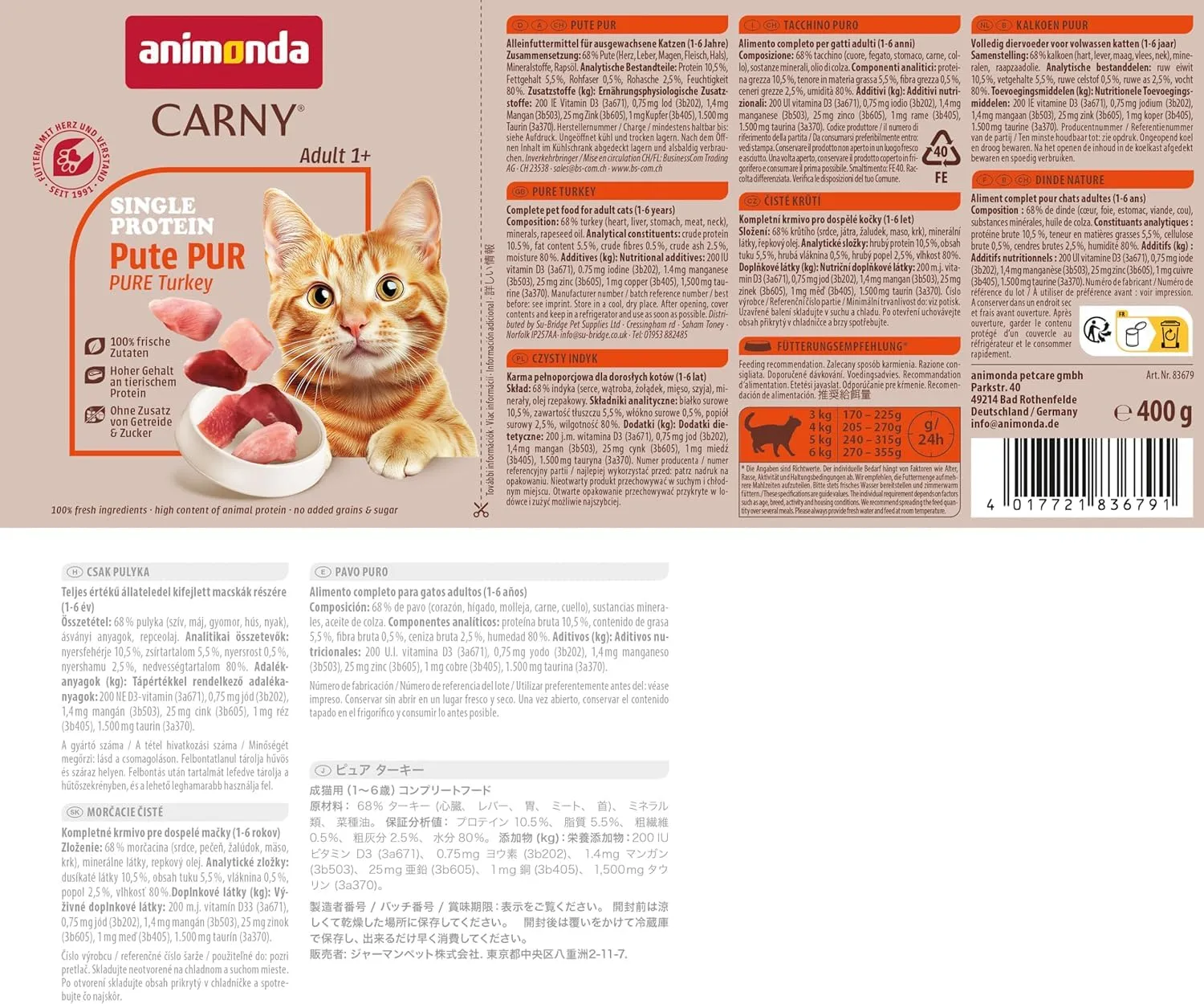 animonda Carny Adult Cibo Umido per Gatti Proteina Singola Mix Puro 6 x 400 g - immagine 3