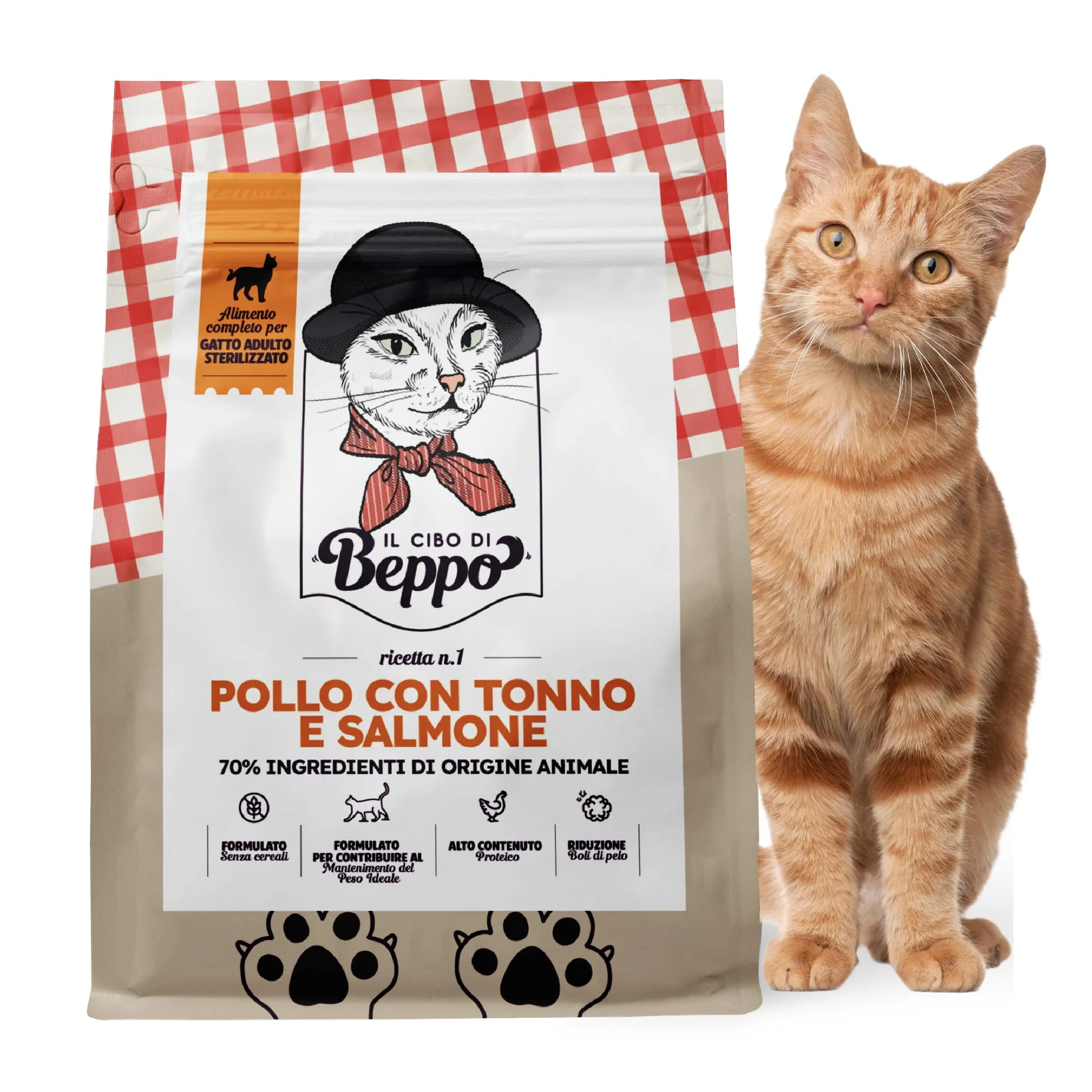 Il Cibo Di Beppo Cibo Secco per Gatti Sterilizzati Grain Free e Senza Glutine Pollo con Tonno e Salmone, 1.5kg - immagine 1