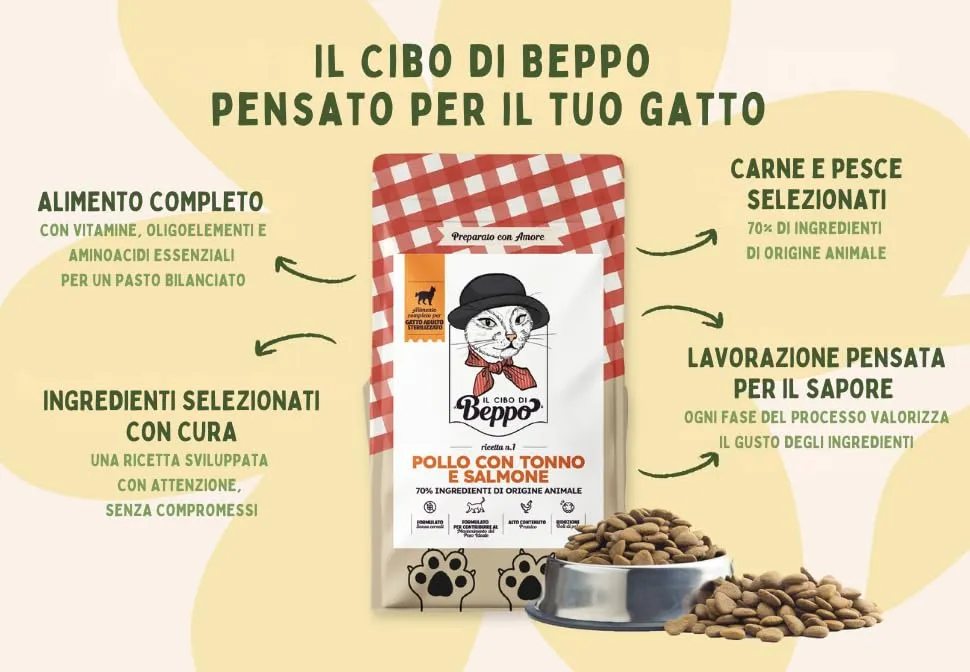 Il Cibo Di Beppo Cibo Secco per Gatti Sterilizzati Grain Free e Senza Glutine Pollo con Tonno e Salmone, 1.5kg - immagine 3