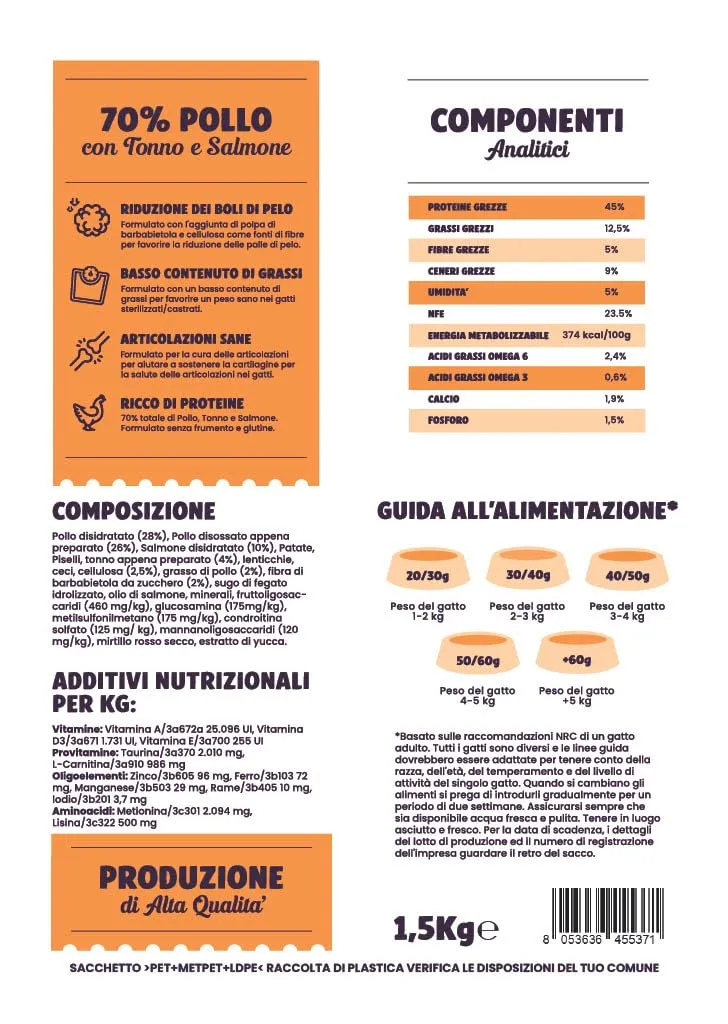 Il Cibo Di Beppo Cibo Secco per Gatti Sterilizzati Grain Free e Senza Glutine Pollo con Tonno e Salmone, 1.5kg - immagine 7